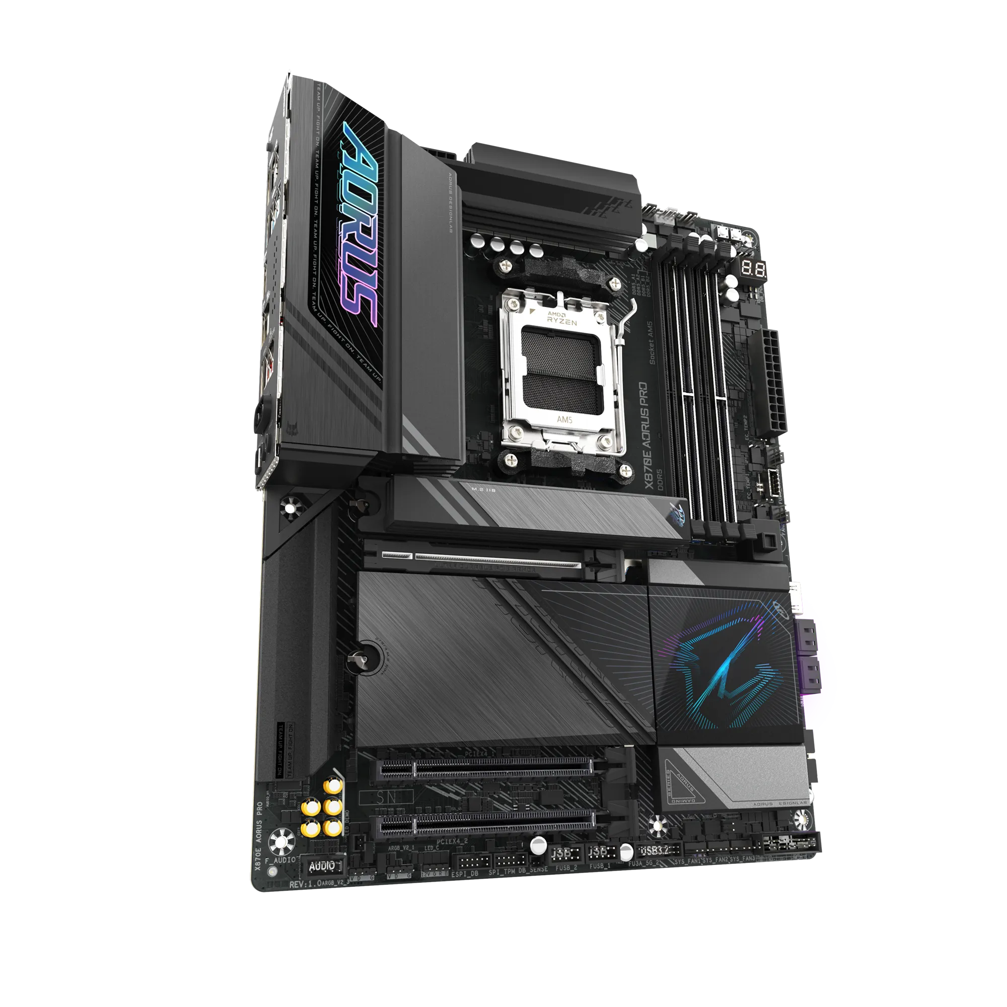 A large main feature product image of Gigabyte X870E AORUS PRO AM5 ATX Desktop Motherboard