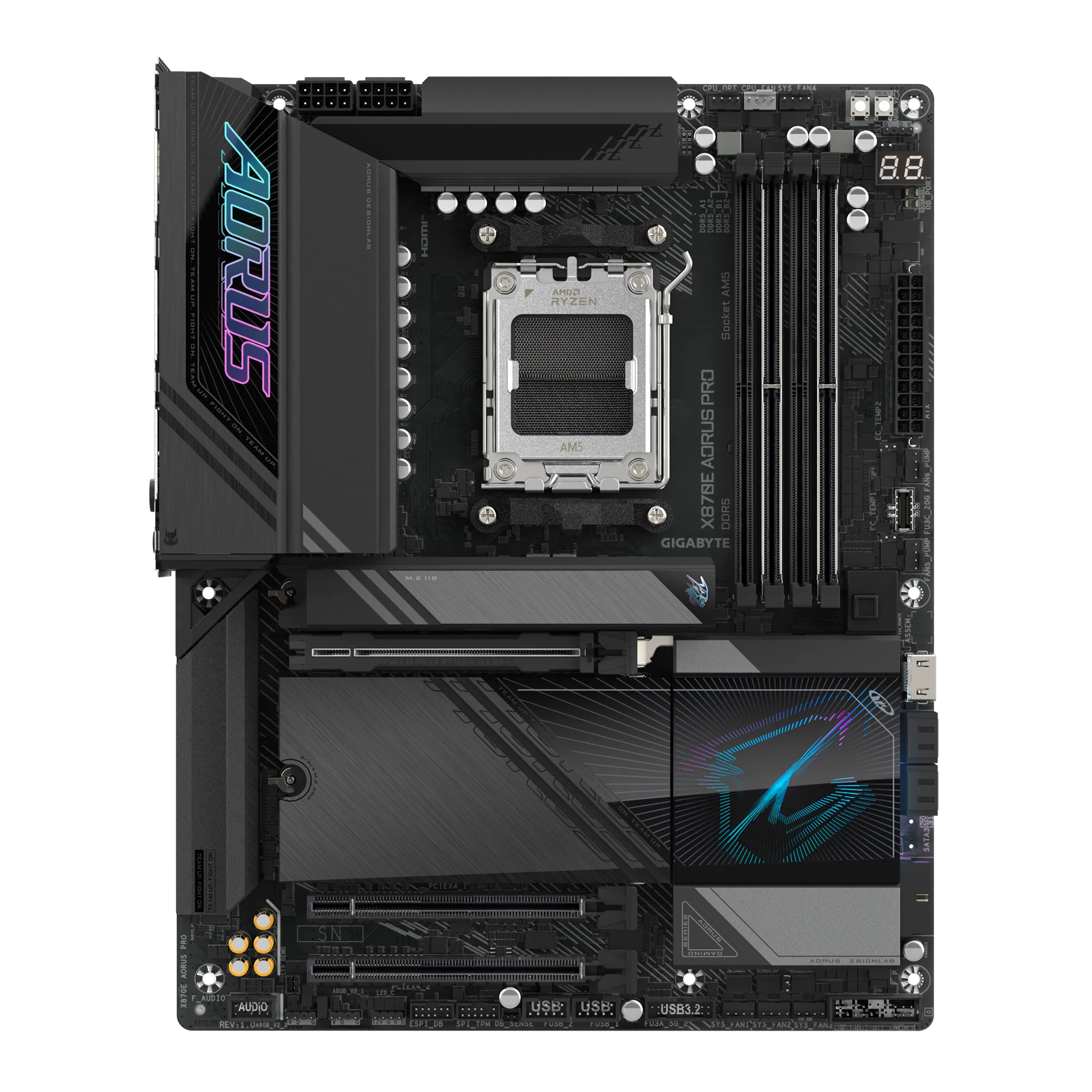 A large main feature product image of Gigabyte X870E AORUS PRO AM5 ATX Desktop Motherboard