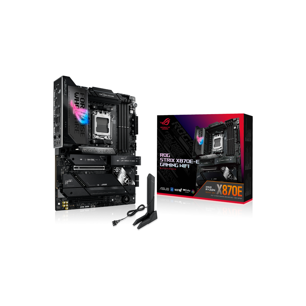 A large main feature product image of ASUS ROG Strix X870E-E Gaming WiFi AM5 ATX Desktop Motherboard