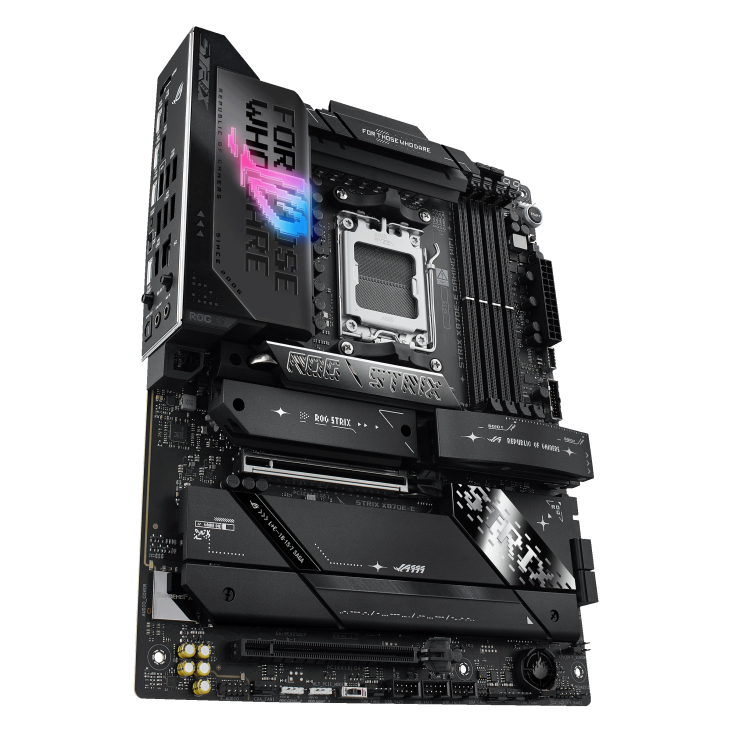 A large main feature product image of ASUS ROG Strix X870E-E Gaming WiFi AM5 ATX Desktop Motherboard