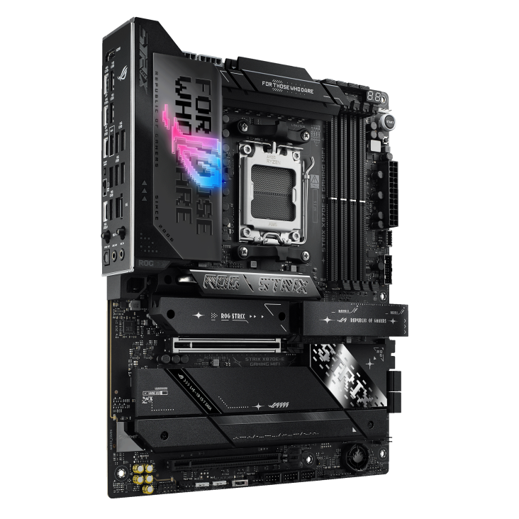 A large main feature product image of ASUS ROG Strix X870E-E Gaming WiFi AM5 ATX Desktop Motherboard