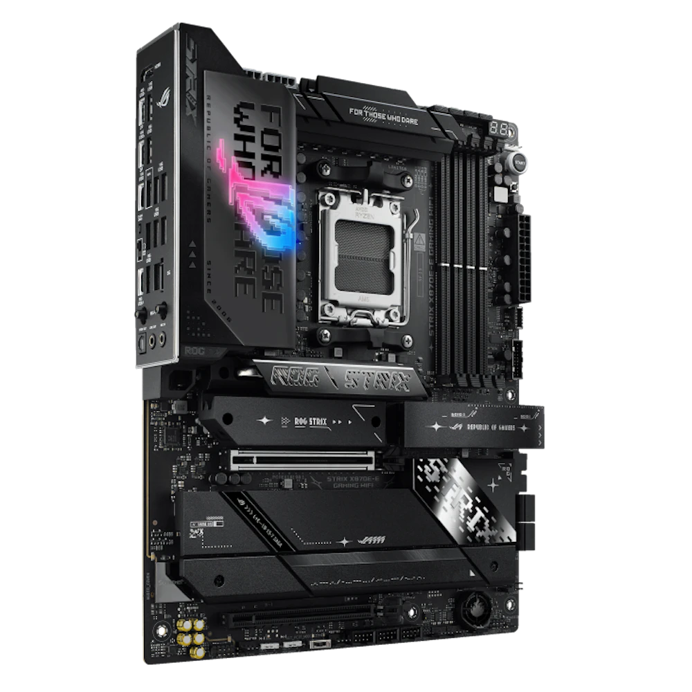 A large main feature product image of ASUS ROG Strix X870E-E Gaming WiFi AM5 ATX Desktop Motherboard