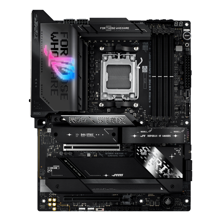 A large main feature product image of ASUS ROG Strix X870E-E Gaming WiFi AM5 ATX Desktop Motherboard