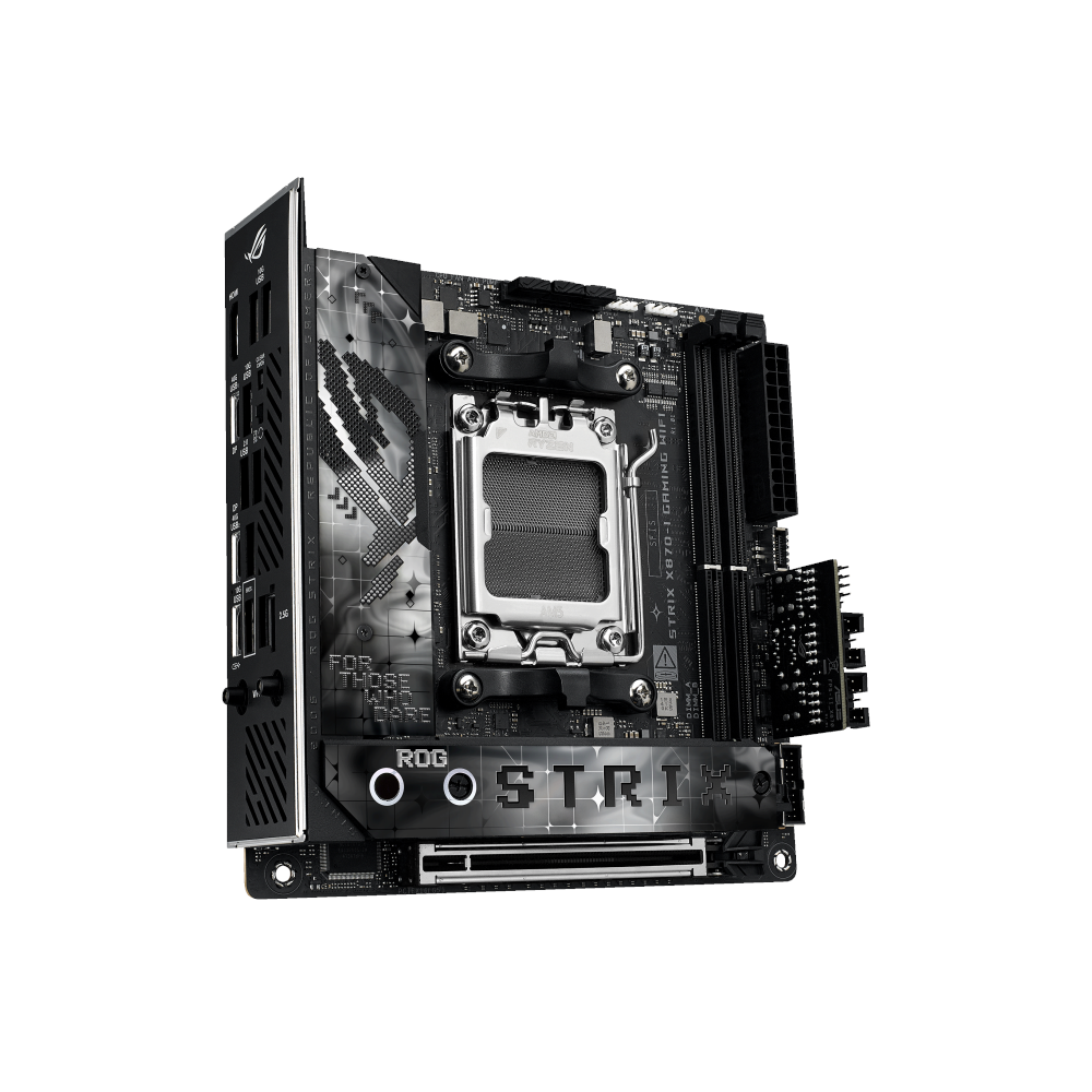 A large main feature product image of ASUS ROG Strix X870-I Gaming WiFi AM5 Mini-ITX Desktop Motherboard
