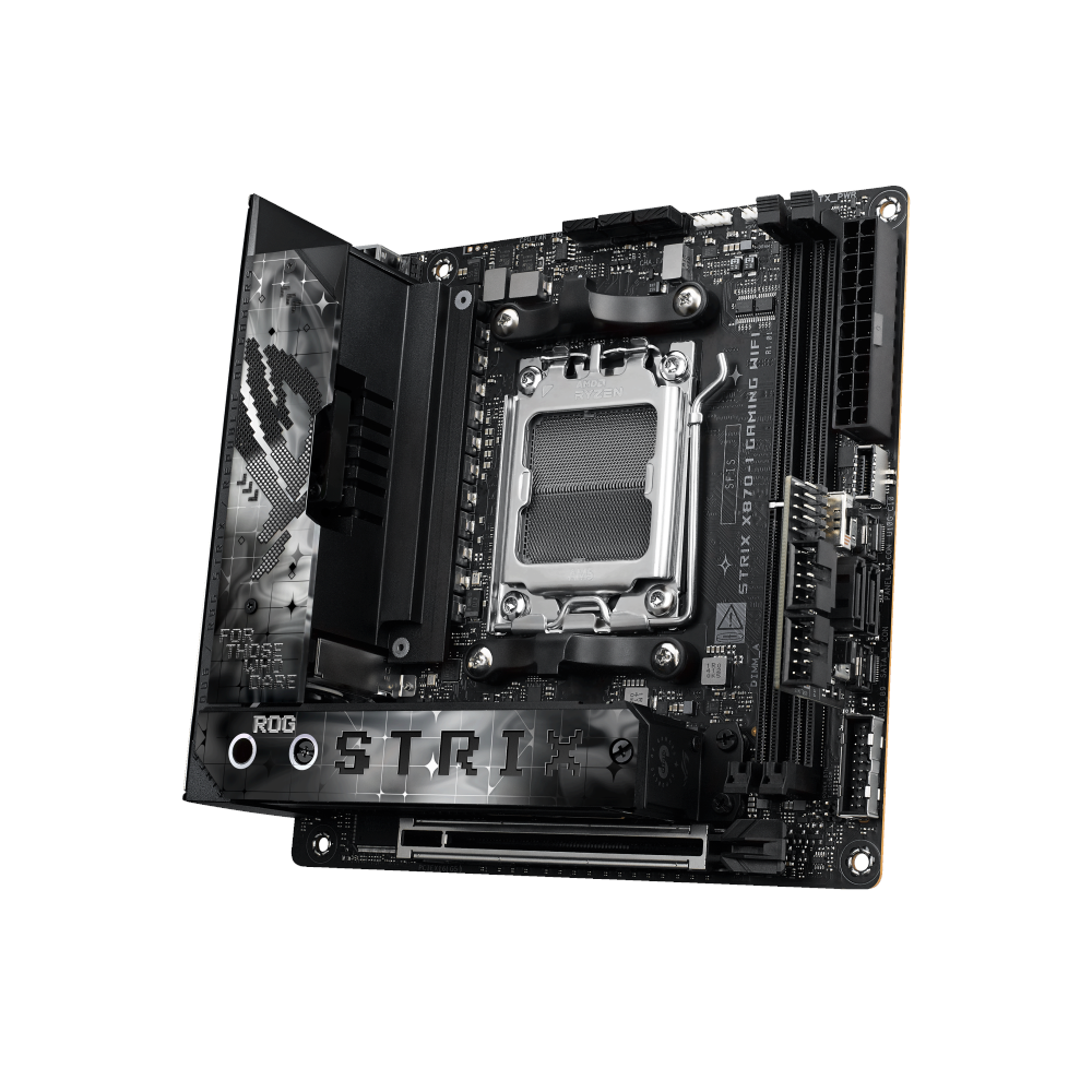 A large main feature product image of ASUS ROG Strix X870-I Gaming WiFi AM5 Mini-ITX Desktop Motherboard