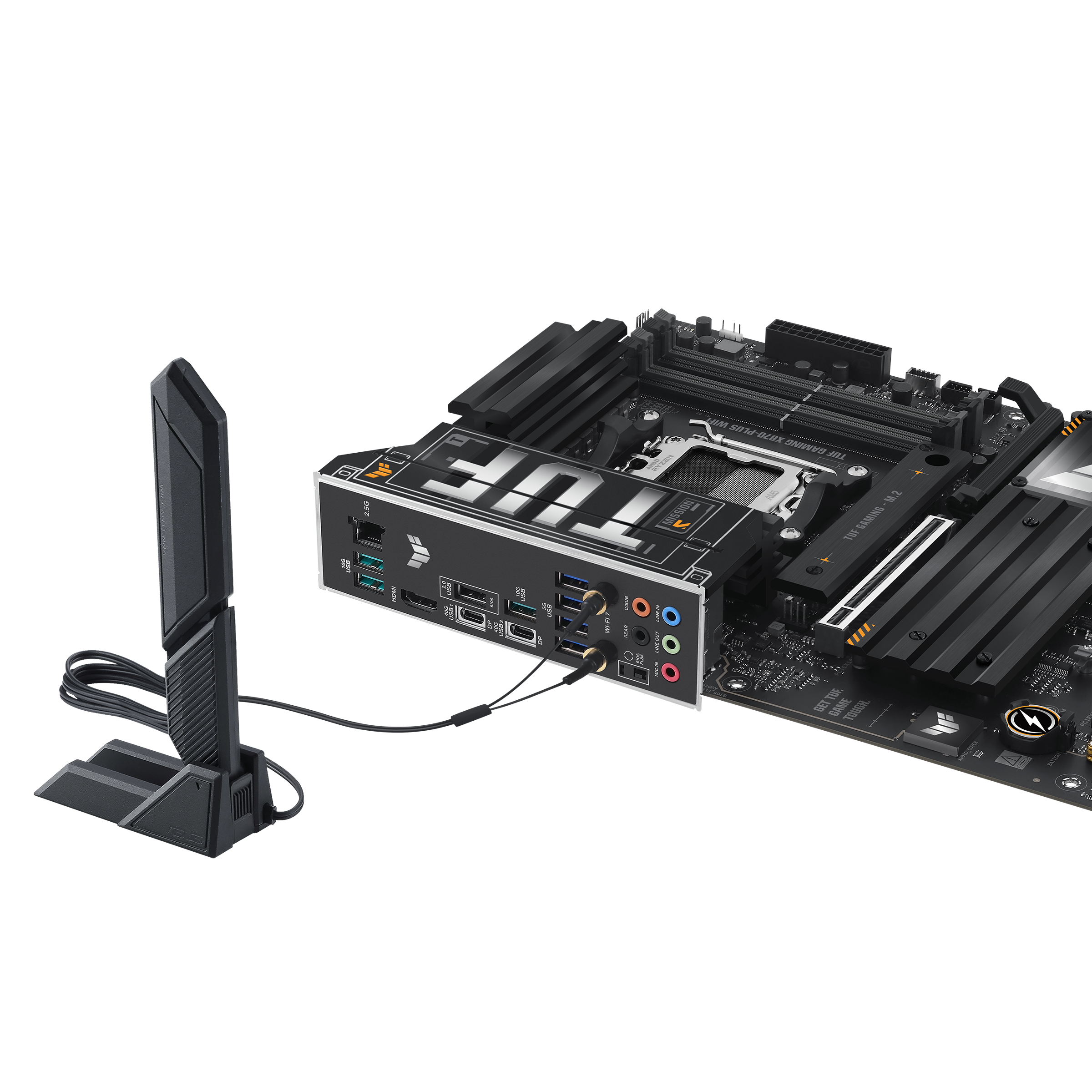 A large main feature product image of ASUS TUF Gaming X870-PLUS WiFi AM5 ATX Desktop Motherboard