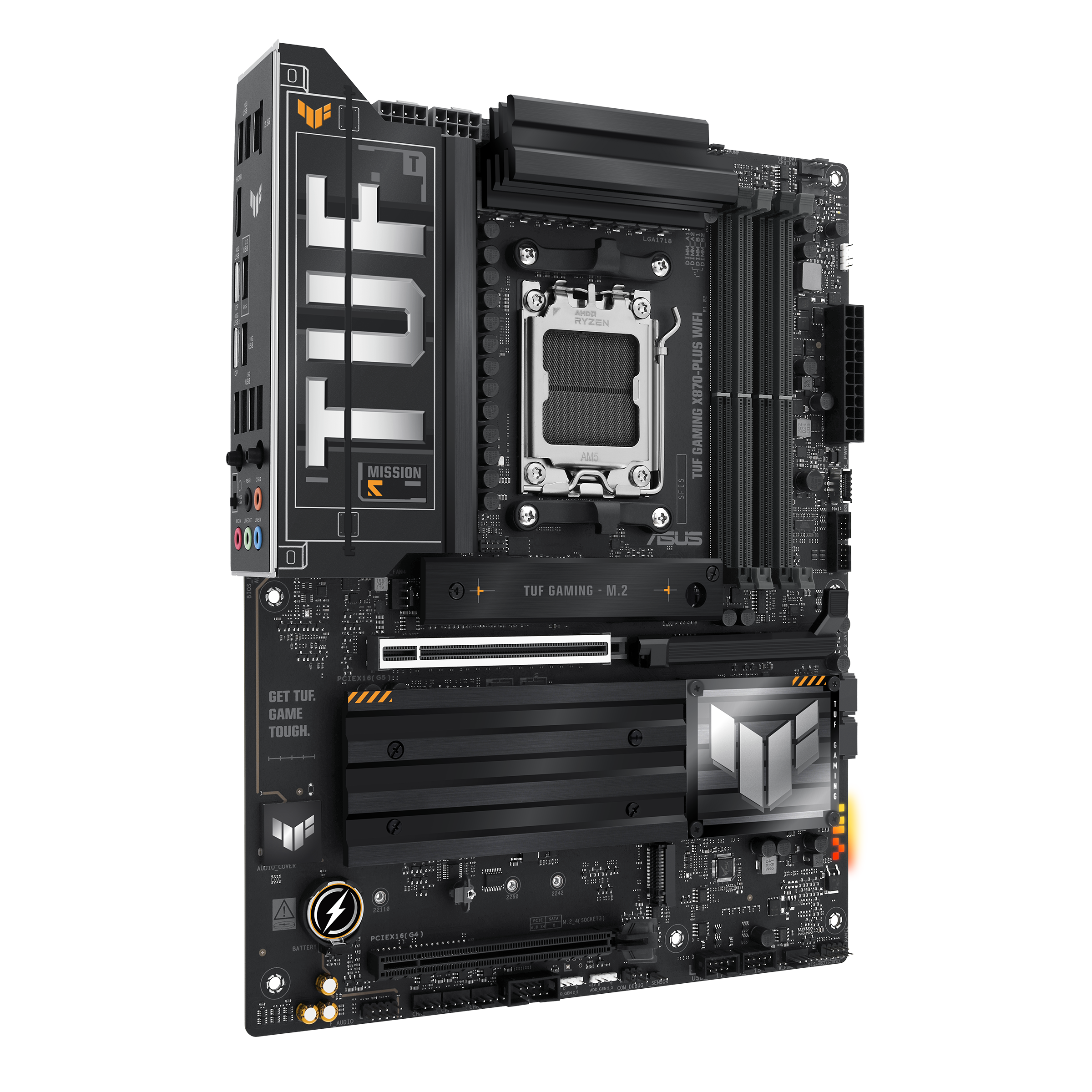 A large main feature product image of ASUS TUF Gaming X870-PLUS WiFi AM5 ATX Desktop Motherboard