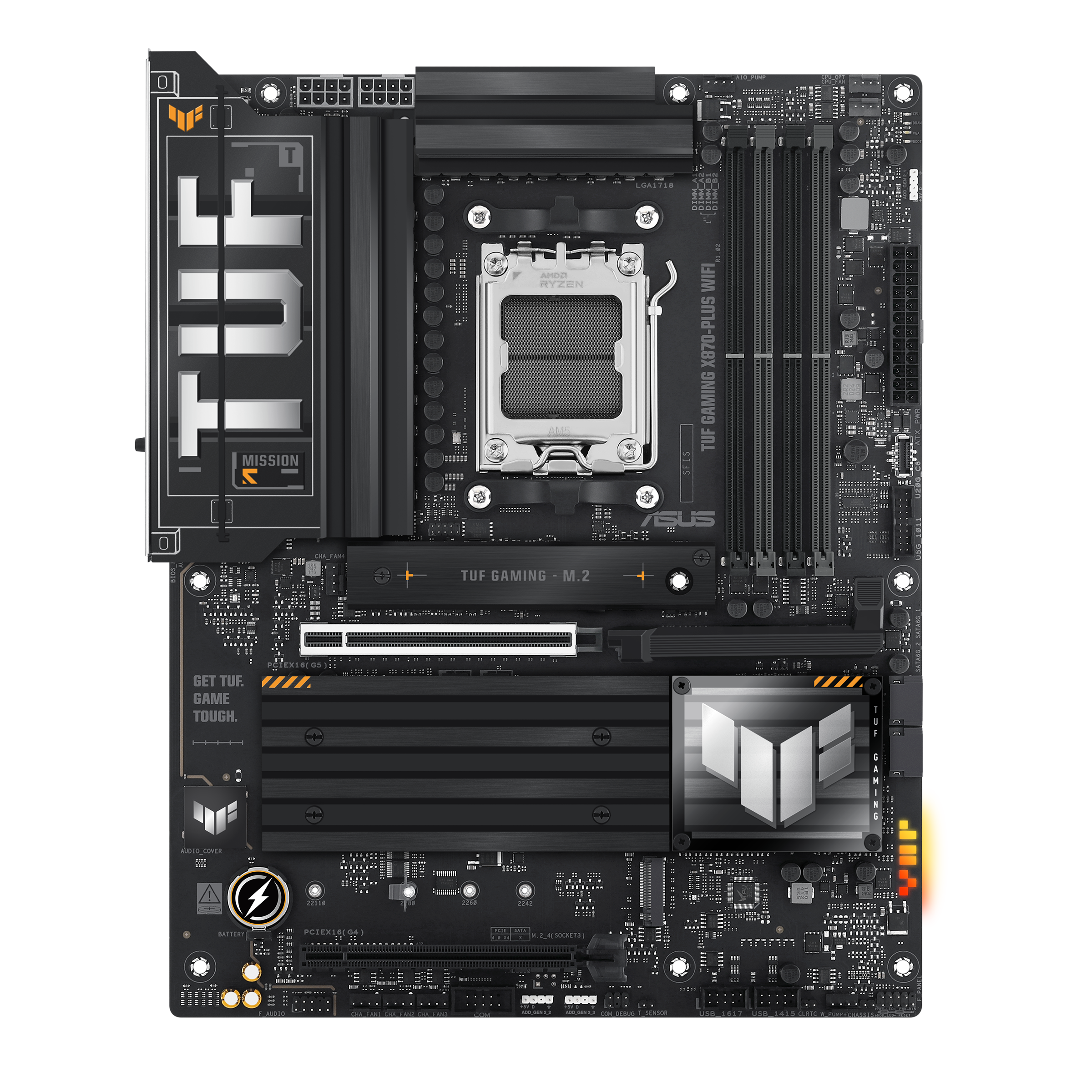A large main feature product image of ASUS TUF Gaming X870-PLUS WiFi AM5 ATX Desktop Motherboard