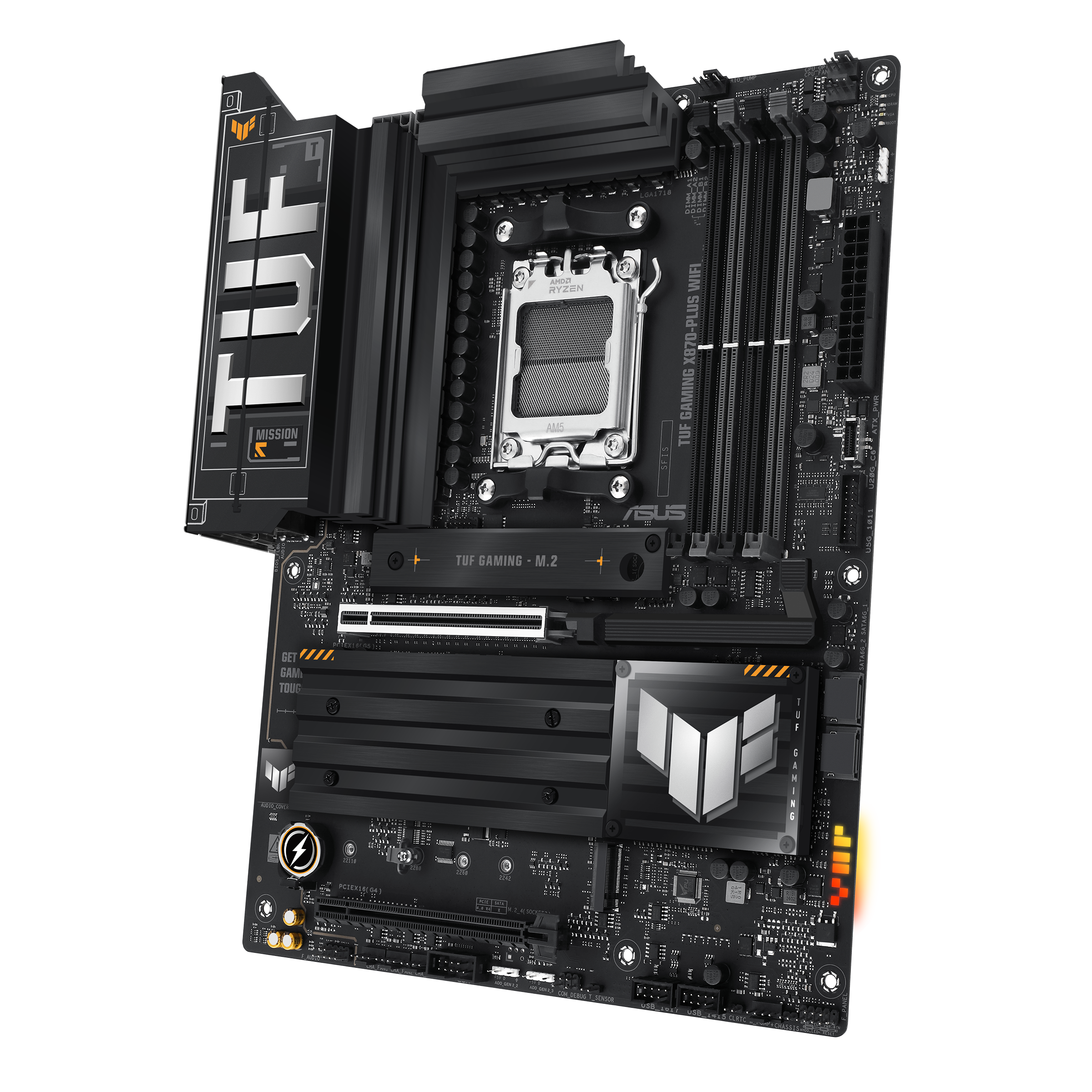 A large main feature product image of ASUS TUF Gaming X870-PLUS WiFi AM5 ATX Desktop Motherboard