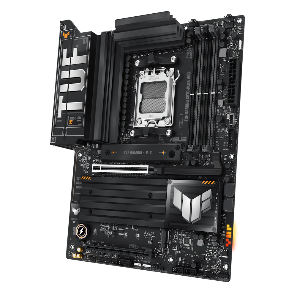 A large main feature product image of ASUS TUF Gaming X870-PLUS WiFi AM5 ATX Desktop Motherboard