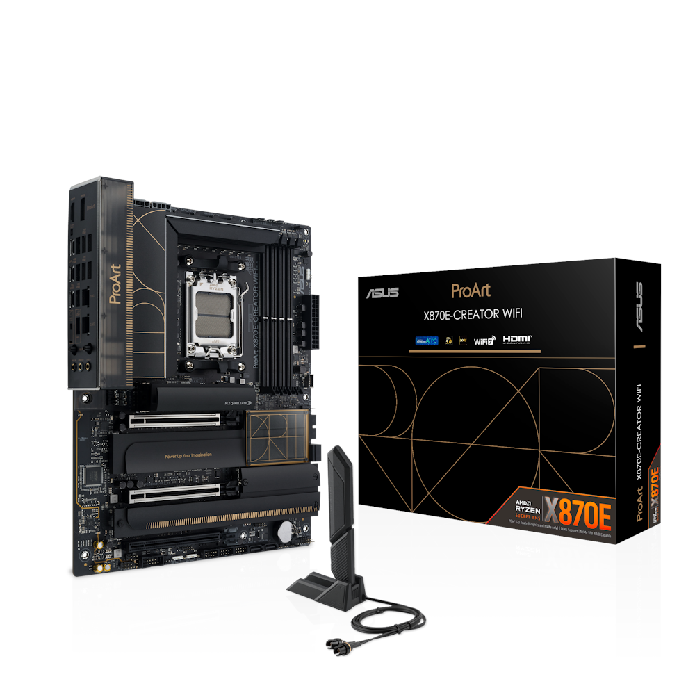 A large main feature product image of ASUS ProArt X870E-Creator WiFi AM5 ATX Desktop Motherboard