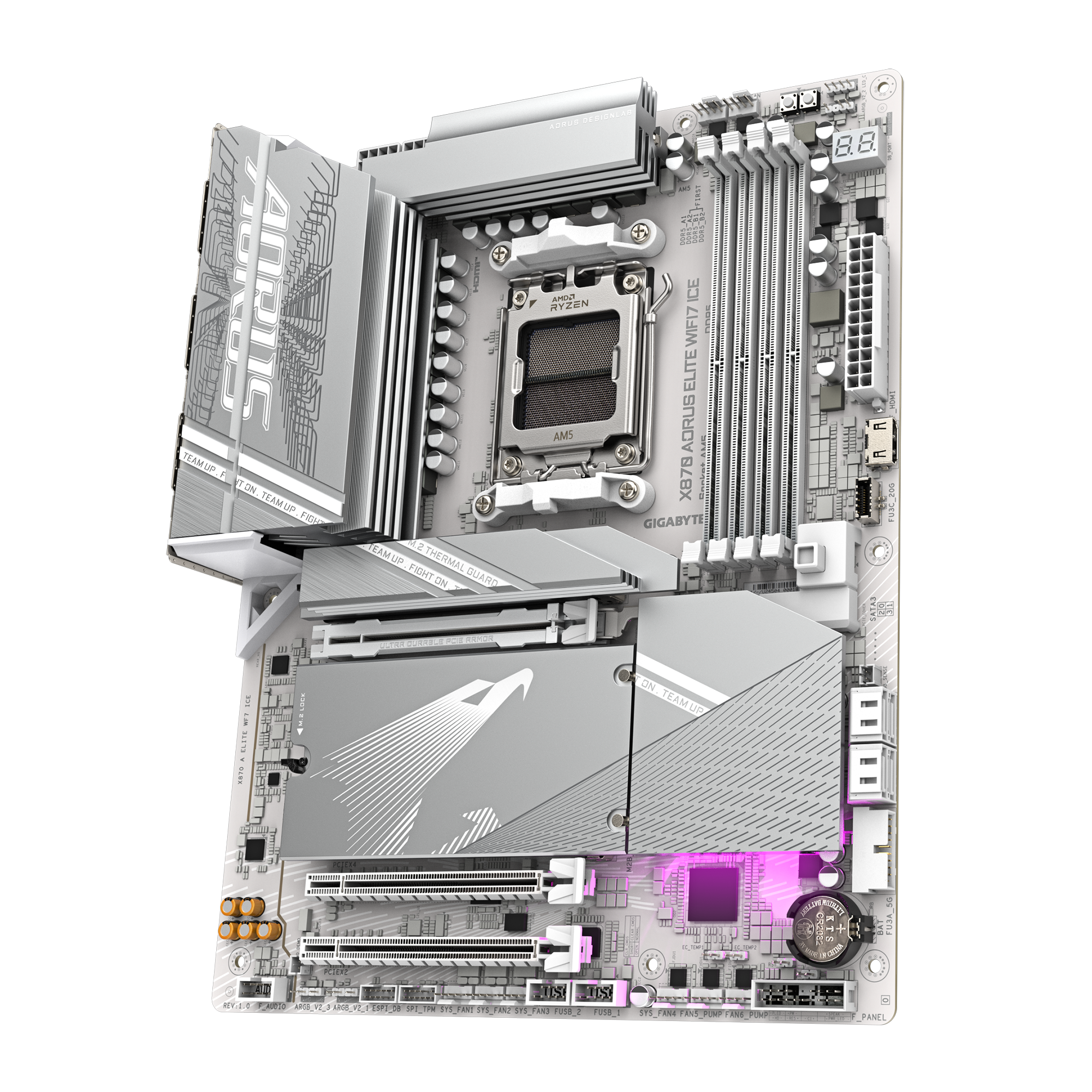 A large main feature product image of Gigabyte X870 AORUS ELITE WIFI7 ICE AM5 ATX Desktop Motherboard