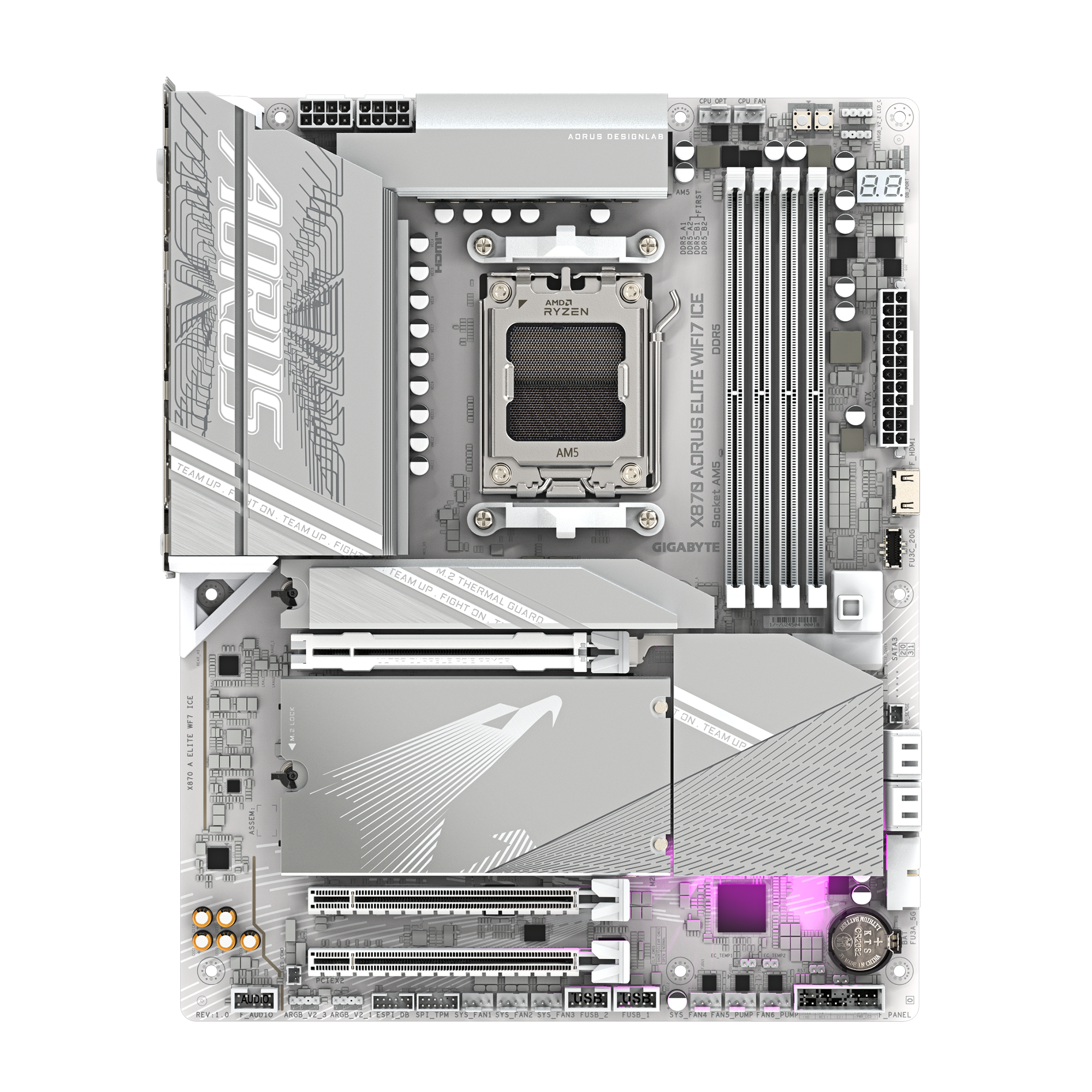 A large main feature product image of Gigabyte X870 AORUS ELITE WIFI7 ICE AM5 ATX Desktop Motherboard