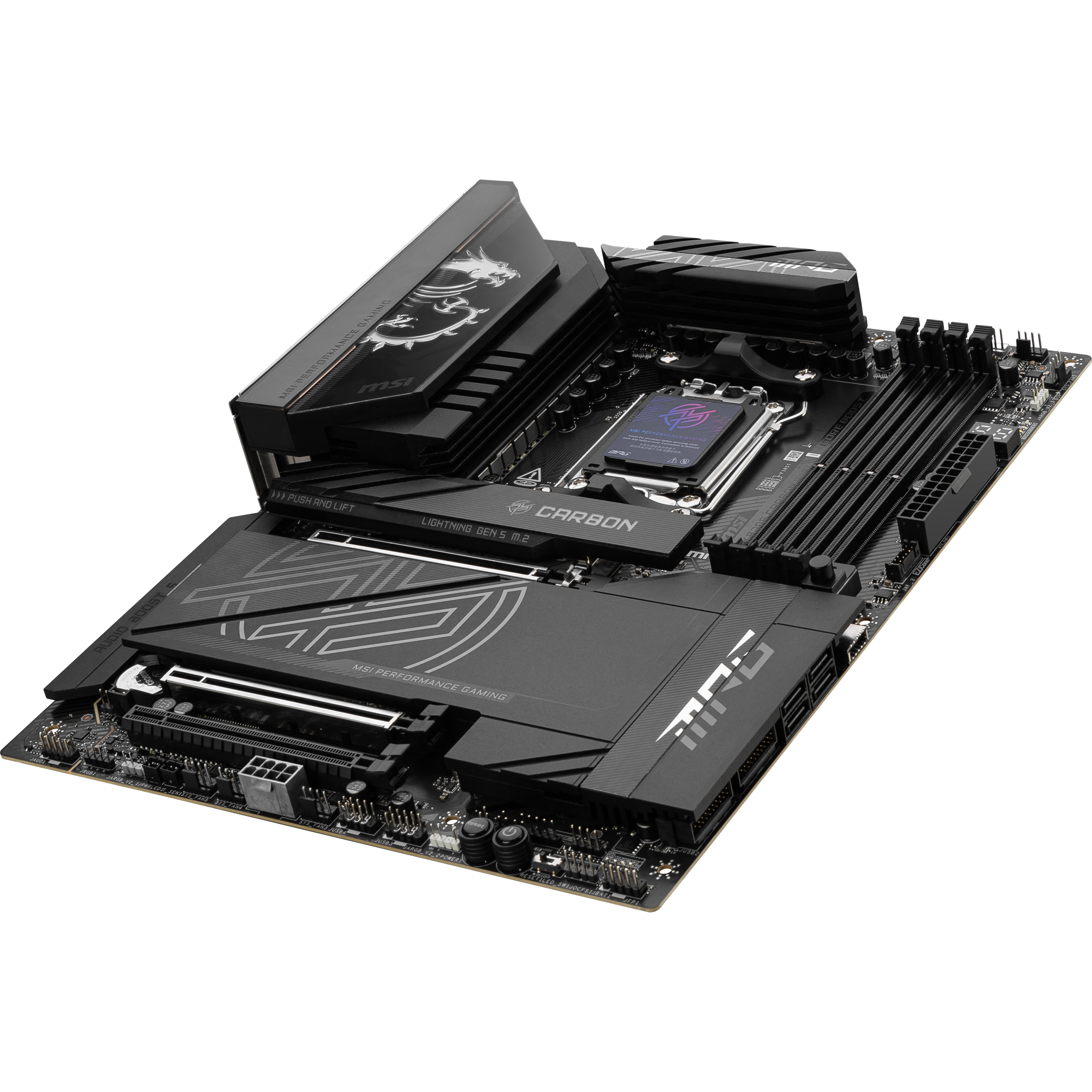 A large main feature product image of MSI MPG X870E Carbon WiFi AM5 ATX Desktop Motherboard