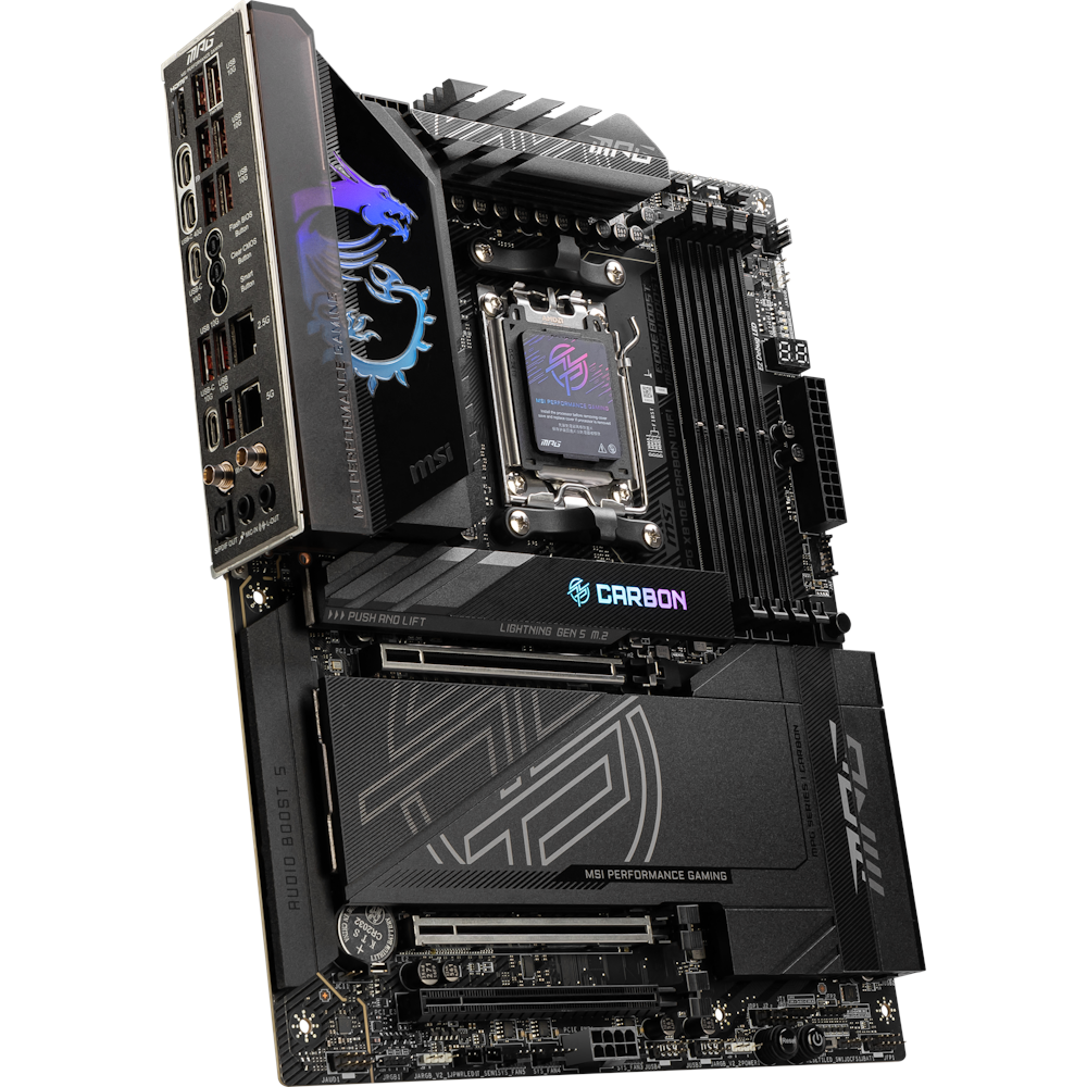 A large main feature product image of MSI MPG X870E Carbon WiFi AM5 ATX Desktop Motherboard