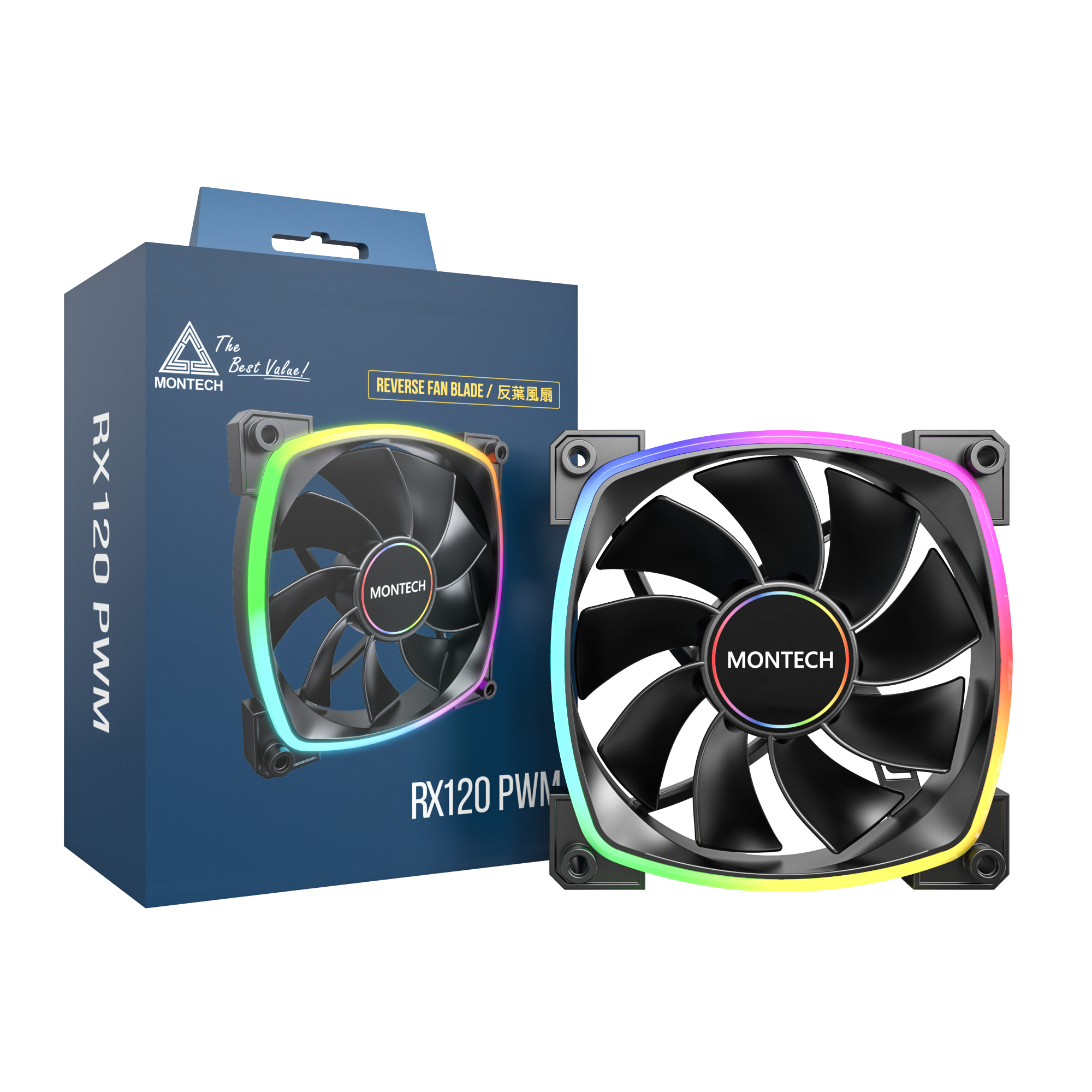 A large main feature product image of Montech RX120 ARGB 120mm PWM Reverse Blade Fan (Black)
