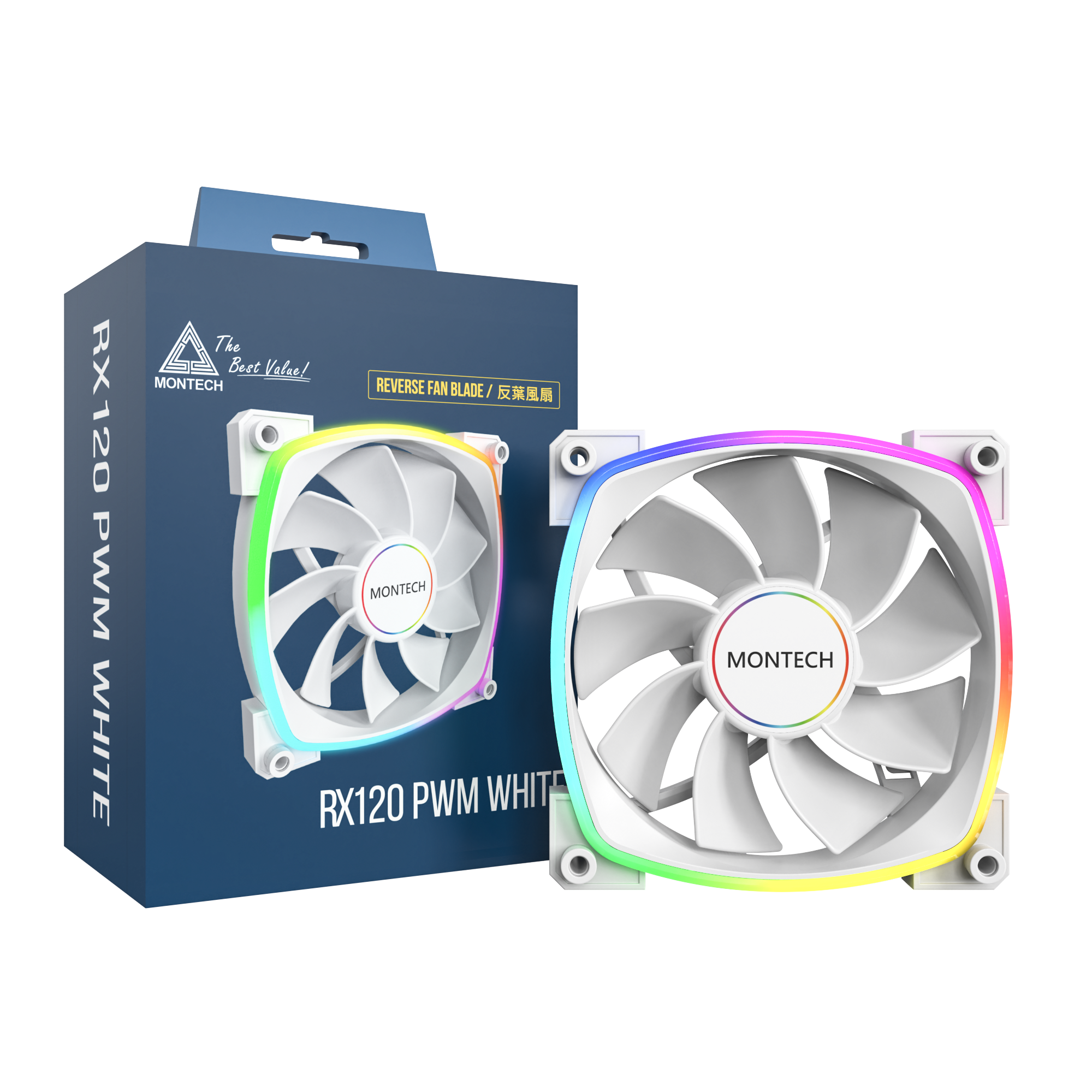 A large main feature product image of Montech RX120 ARGB 120mm PWM Reverse Blade Fan (White)