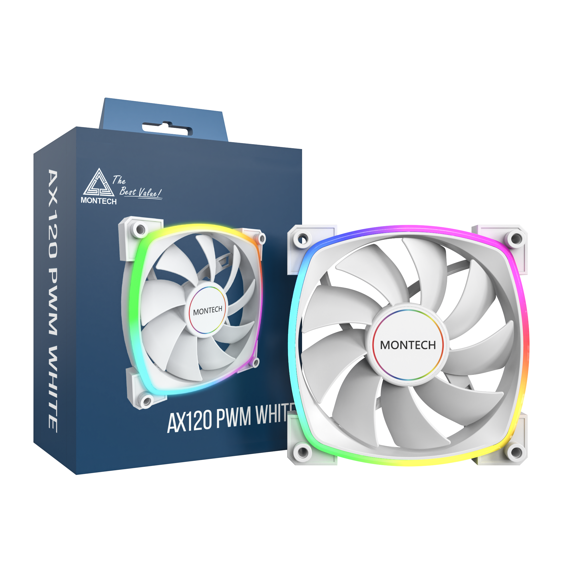 A large main feature product image of Montech AX120 ARGB 120mm PWM Fan (White)