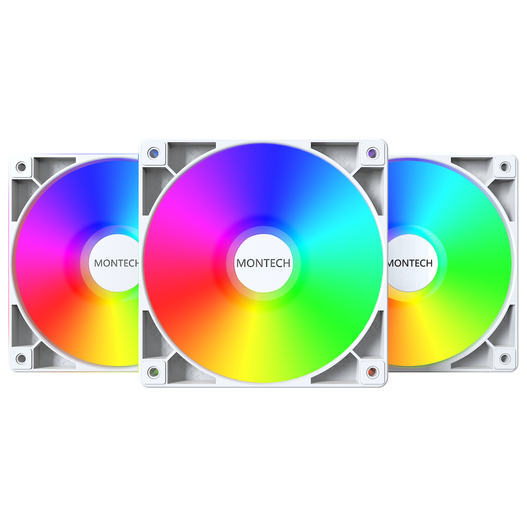 A large main feature product image of Montech GF120 ARGB 120mm PWM Fan 3-Pack (White)