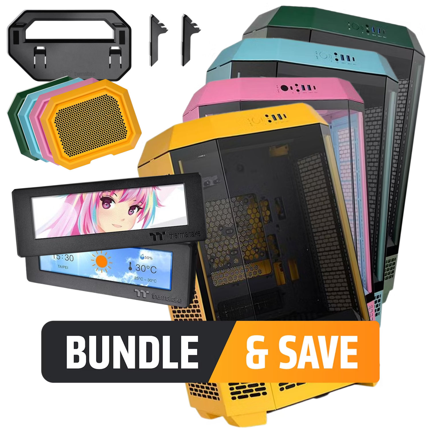 A large main feature product image of Thermaltake The Tower 300 + LCD Screen & Horizontal Stand Bundle