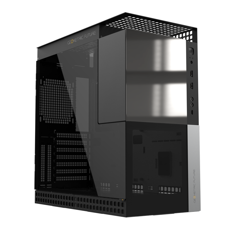 A large main feature product image of Geometric Future Model 4 - Compact 35L Mid Tower eATX Case (Black/Silver)