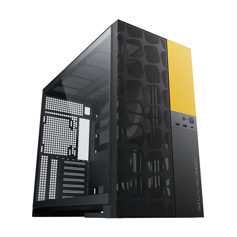 A large main feature product image of Geometric Future Model 5 Vent - Mid Tower Mesh Case (Black/Yellow)