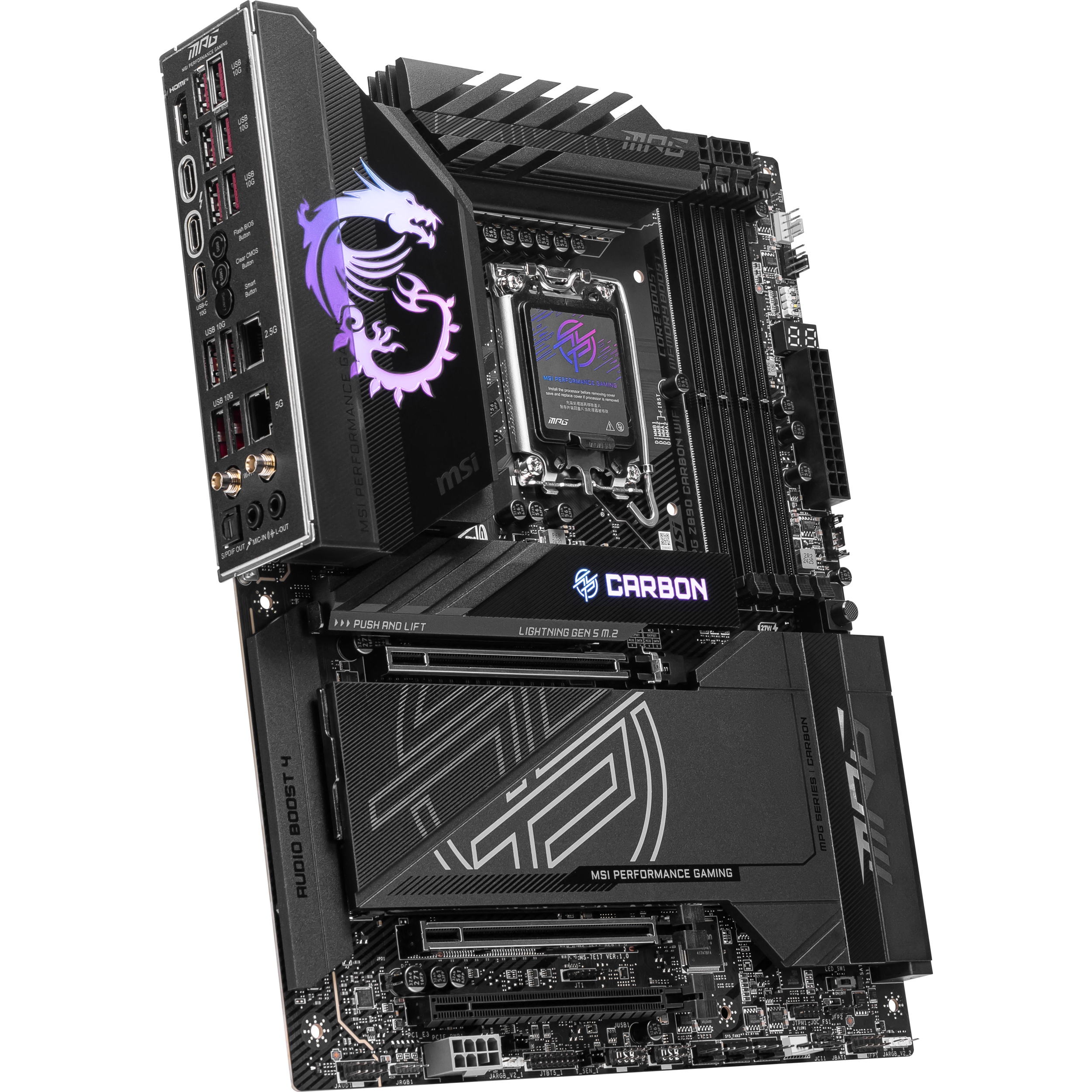 A large main feature product image of MSI MPG Z890 Carbon WiFi LGA1851 ATX Desktop Motherboard