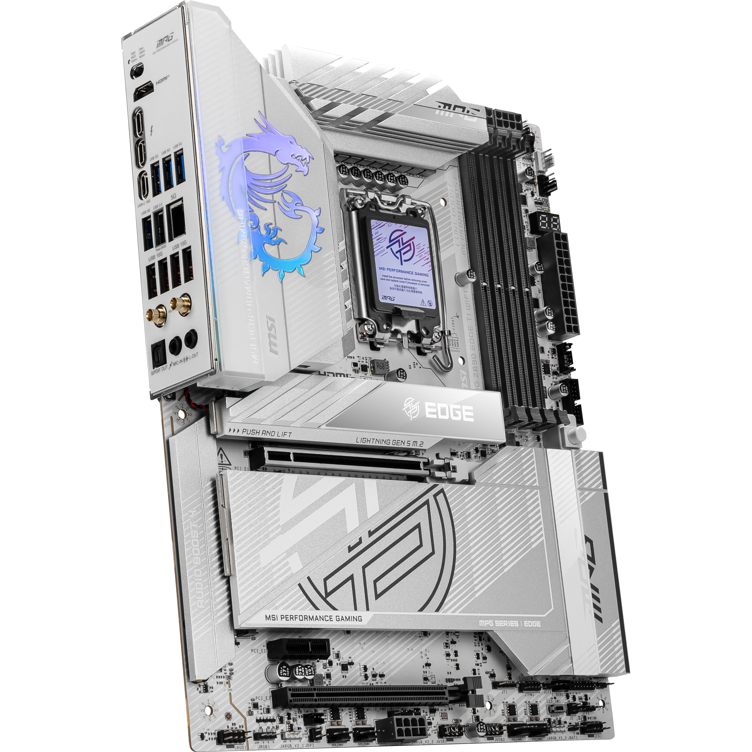 A large main feature product image of MSI MPG Z890 Edge TI WiFi LGA1851 ATX Desktop Motherboard