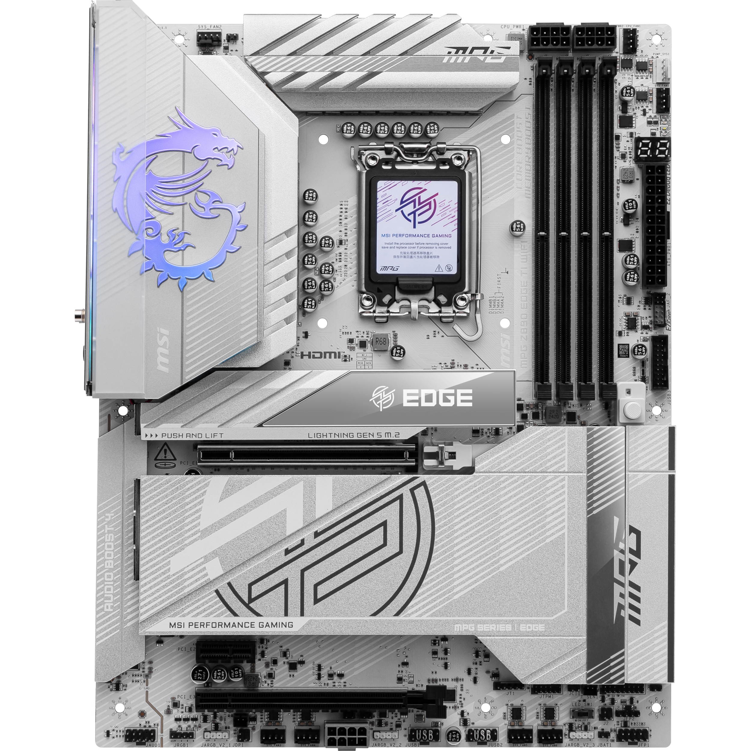 A large main feature product image of MSI MPG Z890 Edge TI WiFi LGA1851 ATX Desktop Motherboard