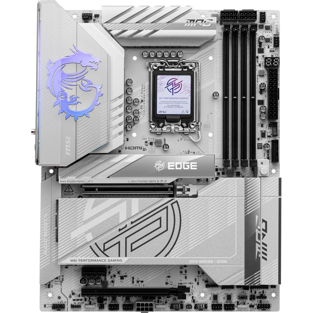 A large main feature product image of MSI MPG Z890 Edge TI WiFi LGA1851 ATX Desktop Motherboard