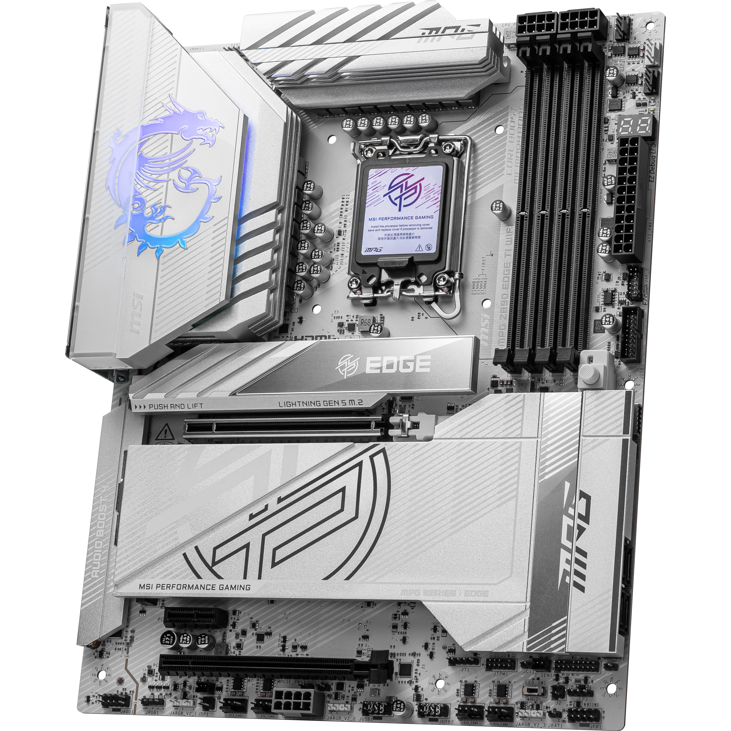 A large main feature product image of MSI MPG Z890 Edge TI WiFi LGA1851 ATX Desktop Motherboard
