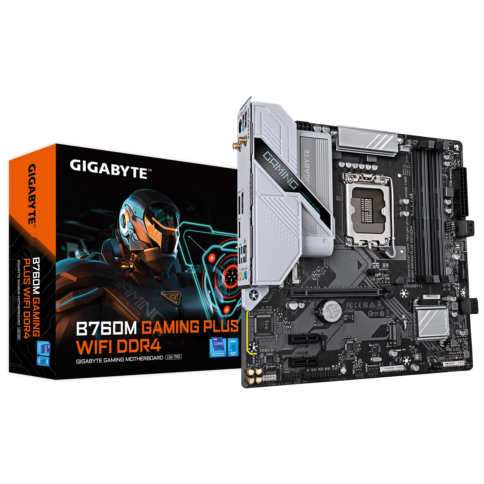 A large main feature product image of Gigabyte B760M Gaming Plus WiFi DDR4 LGA1700 mATX Desktop Motherboard