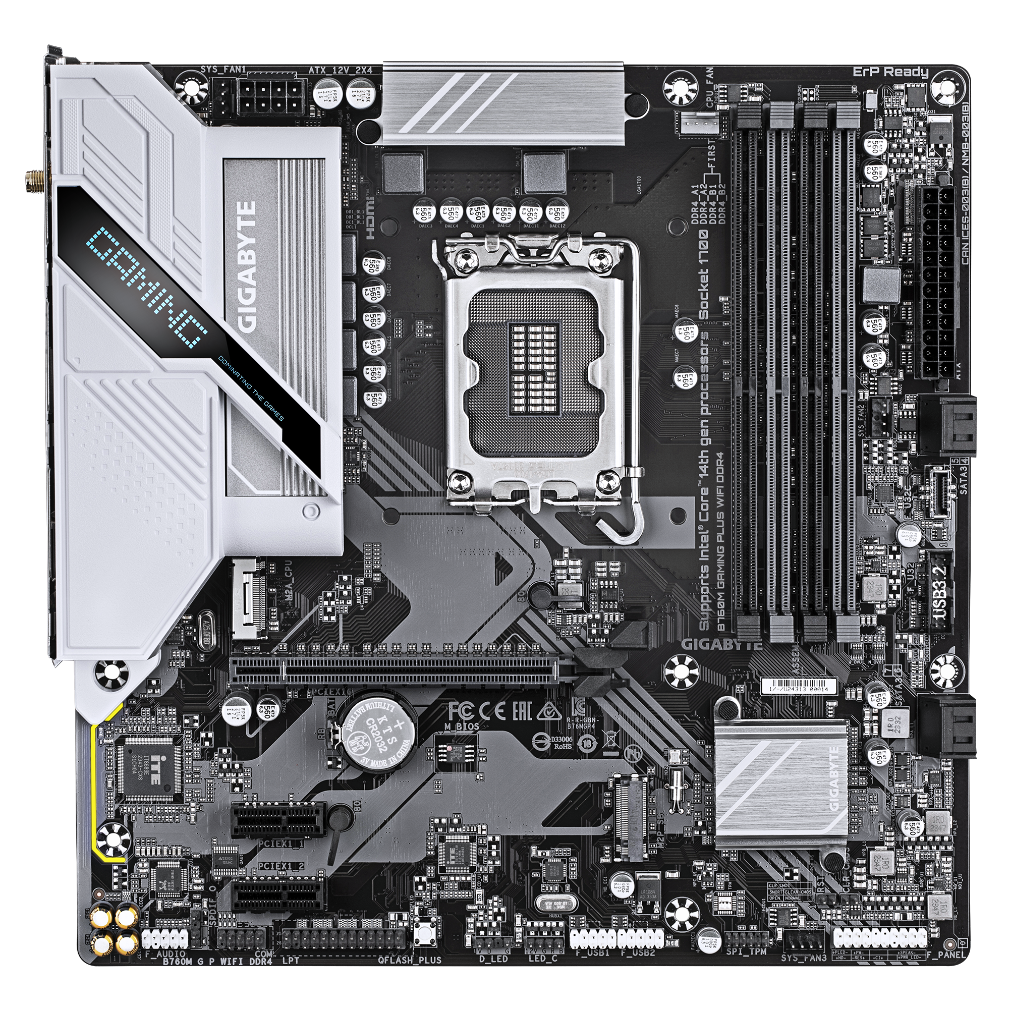 A large main feature product image of Gigabyte B760M Gaming Plus WiFi DDR4 LGA1700 mATX Desktop Motherboard