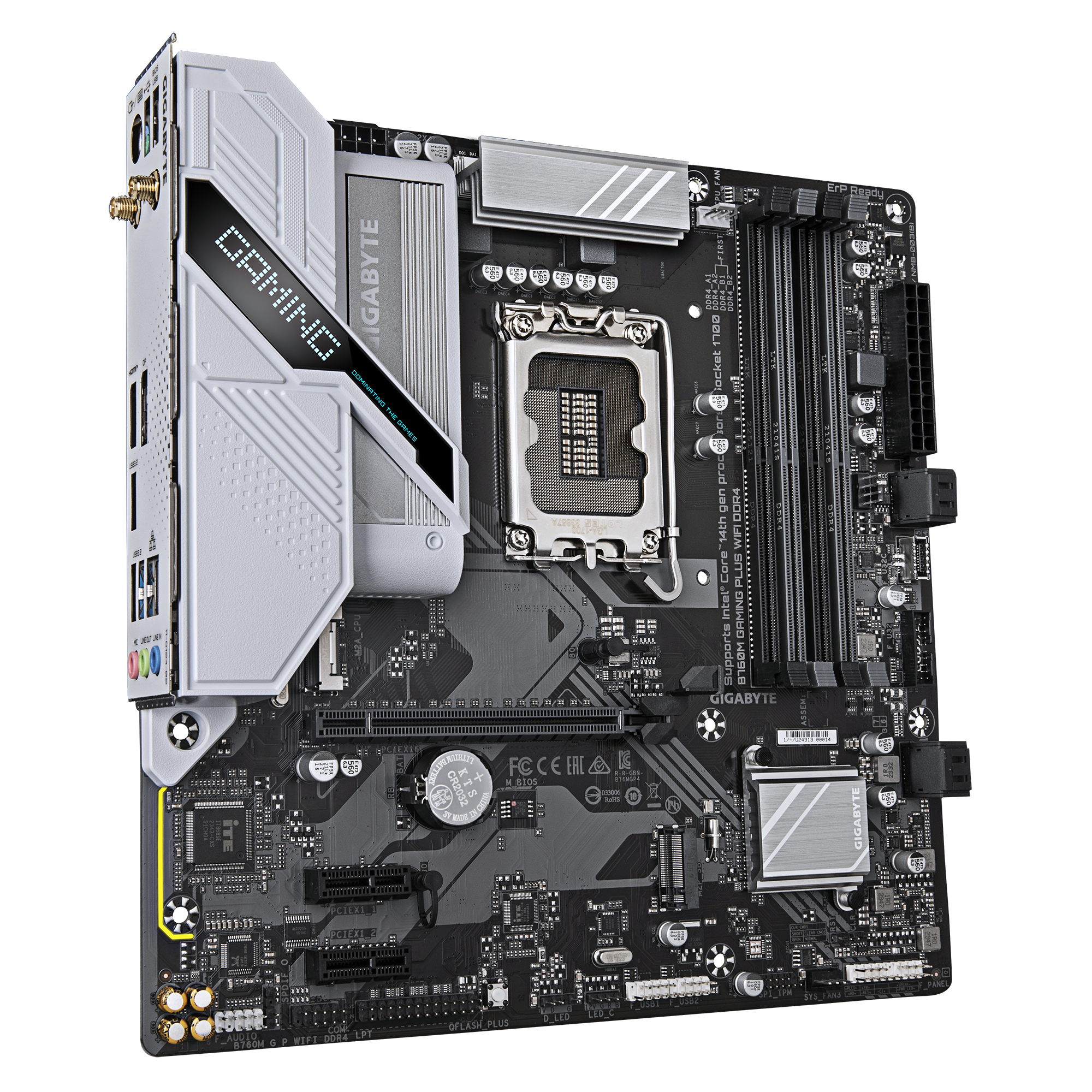 A large main feature product image of Gigabyte B760M Gaming Plus WiFi DDR4 LGA1700 mATX Desktop Motherboard