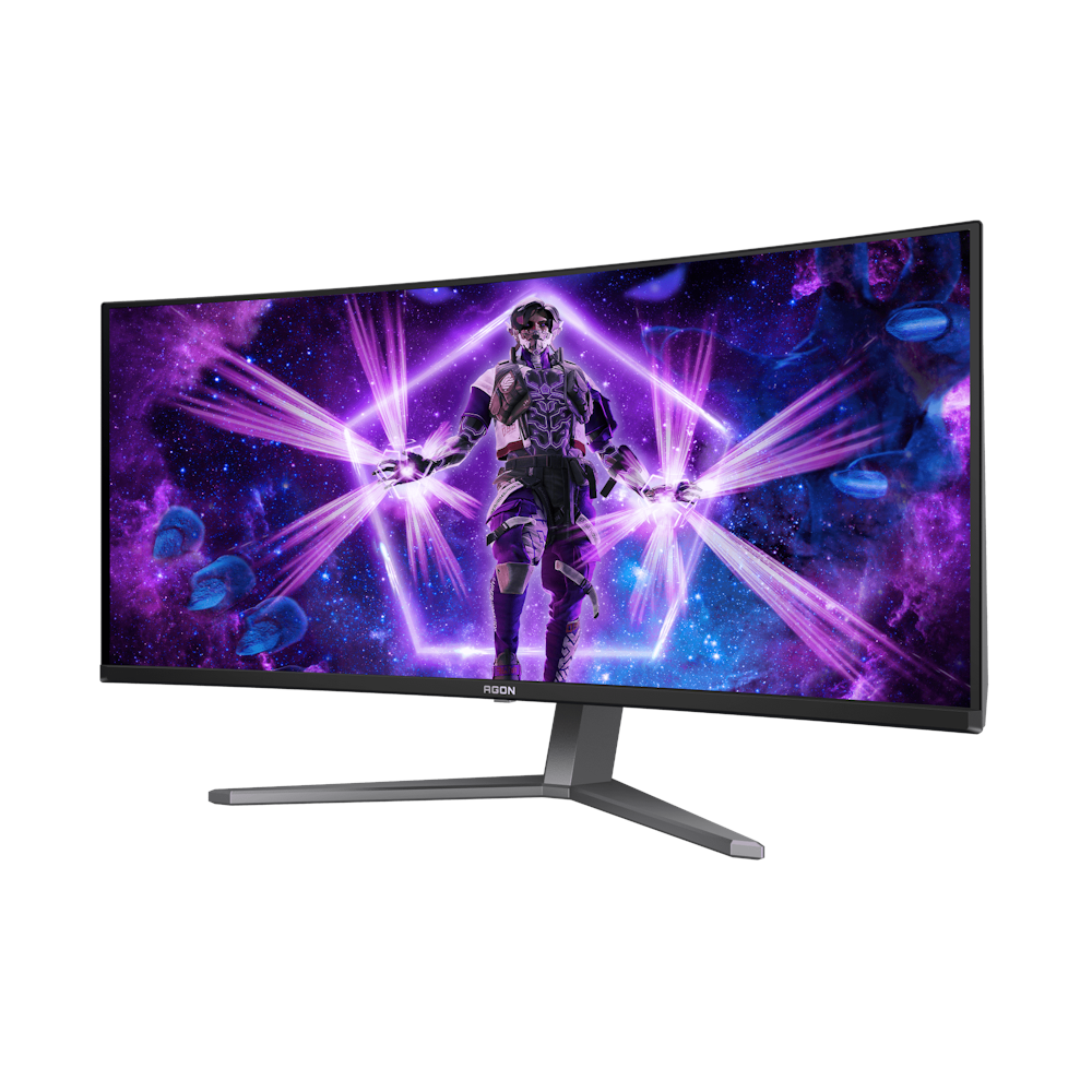 A large main feature product image of AOC Gaming AG346UCD - 34" Curved 1440p Ultrawide 175Hz 0.03ms OLED Monitor
