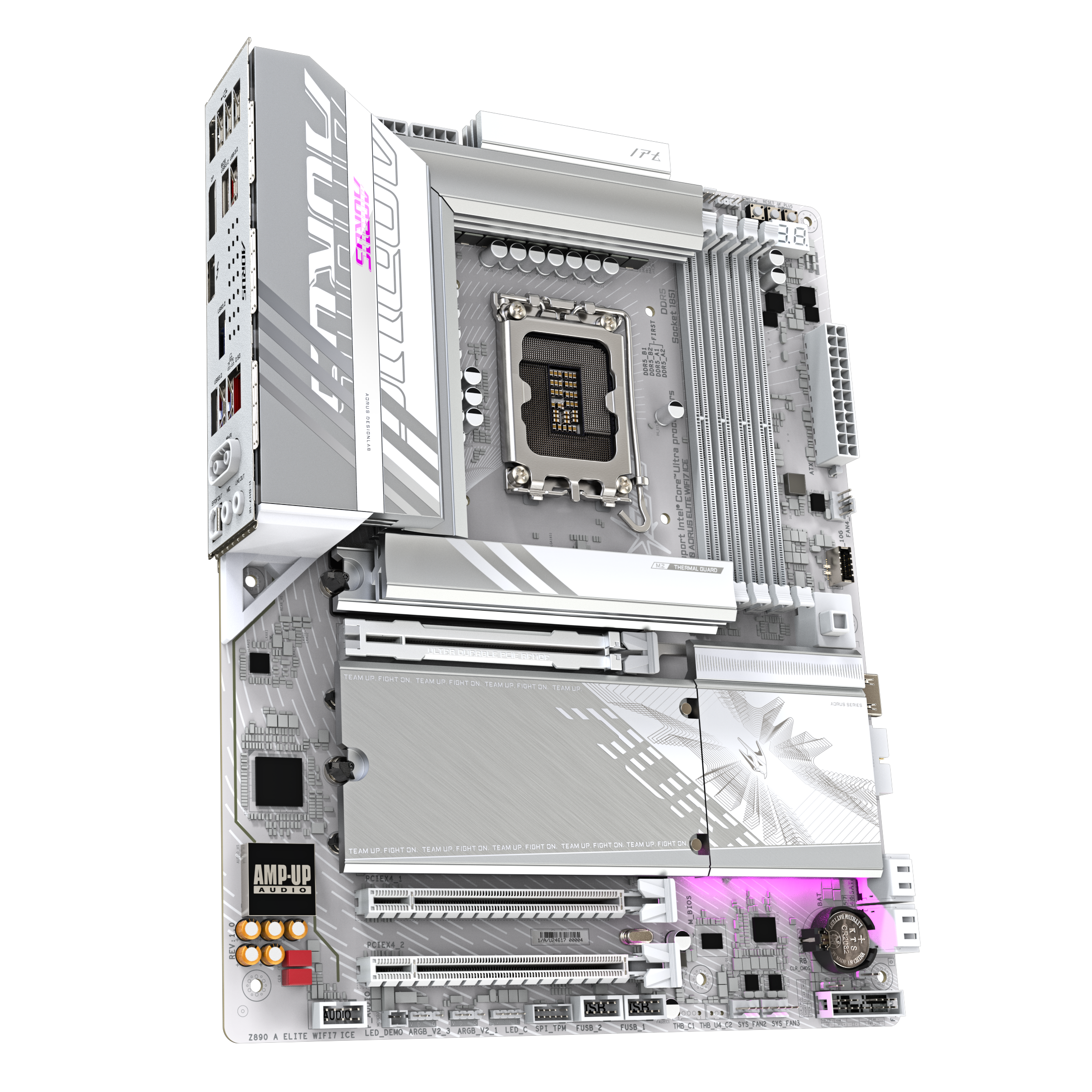 A large main feature product image of Gigabyte Z890 AORUS ELITE WIFI7 ICE LGA1851 ATX Desktop Motherboard