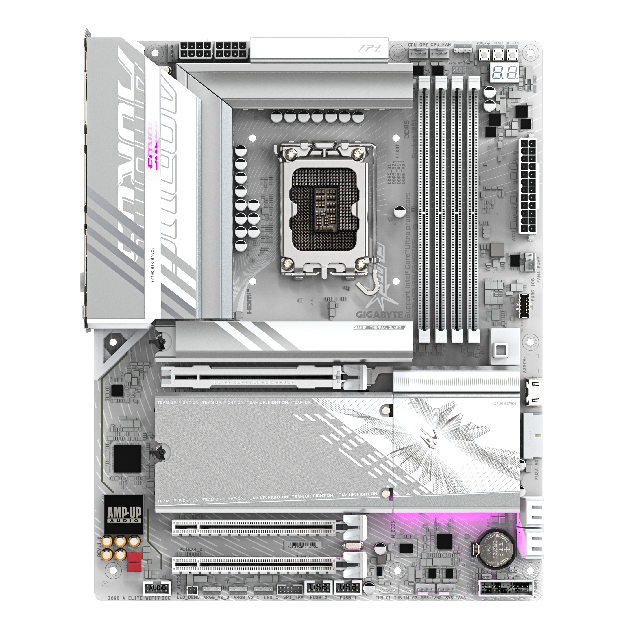 A large main feature product image of Gigabyte Z890 AORUS ELITE WIFI7 ICE LGA1851 ATX Desktop Motherboard