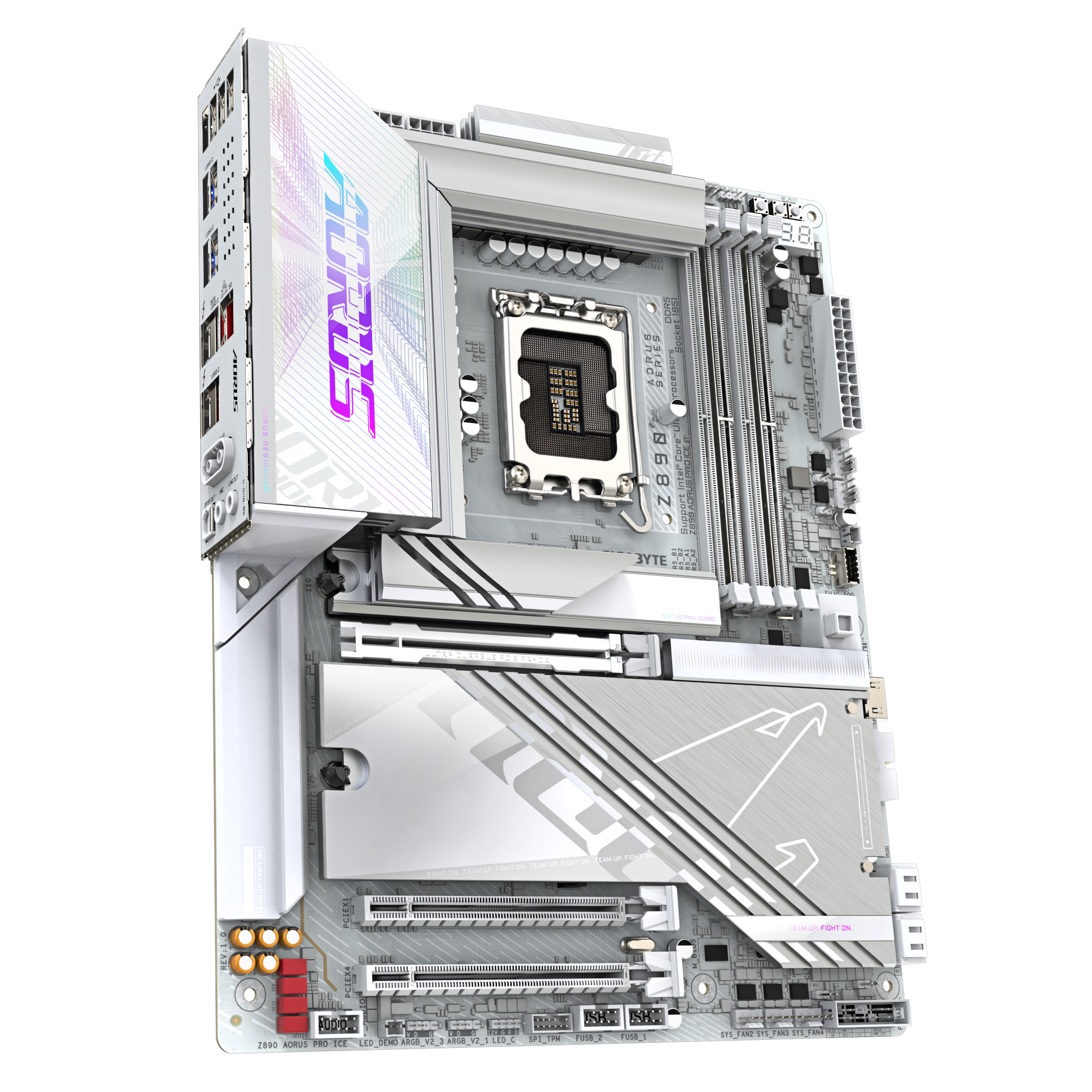 A large main feature product image of Gigabyte Z890 AORUS PRO ICE LGA1851 ATX Desktop Motherboard
