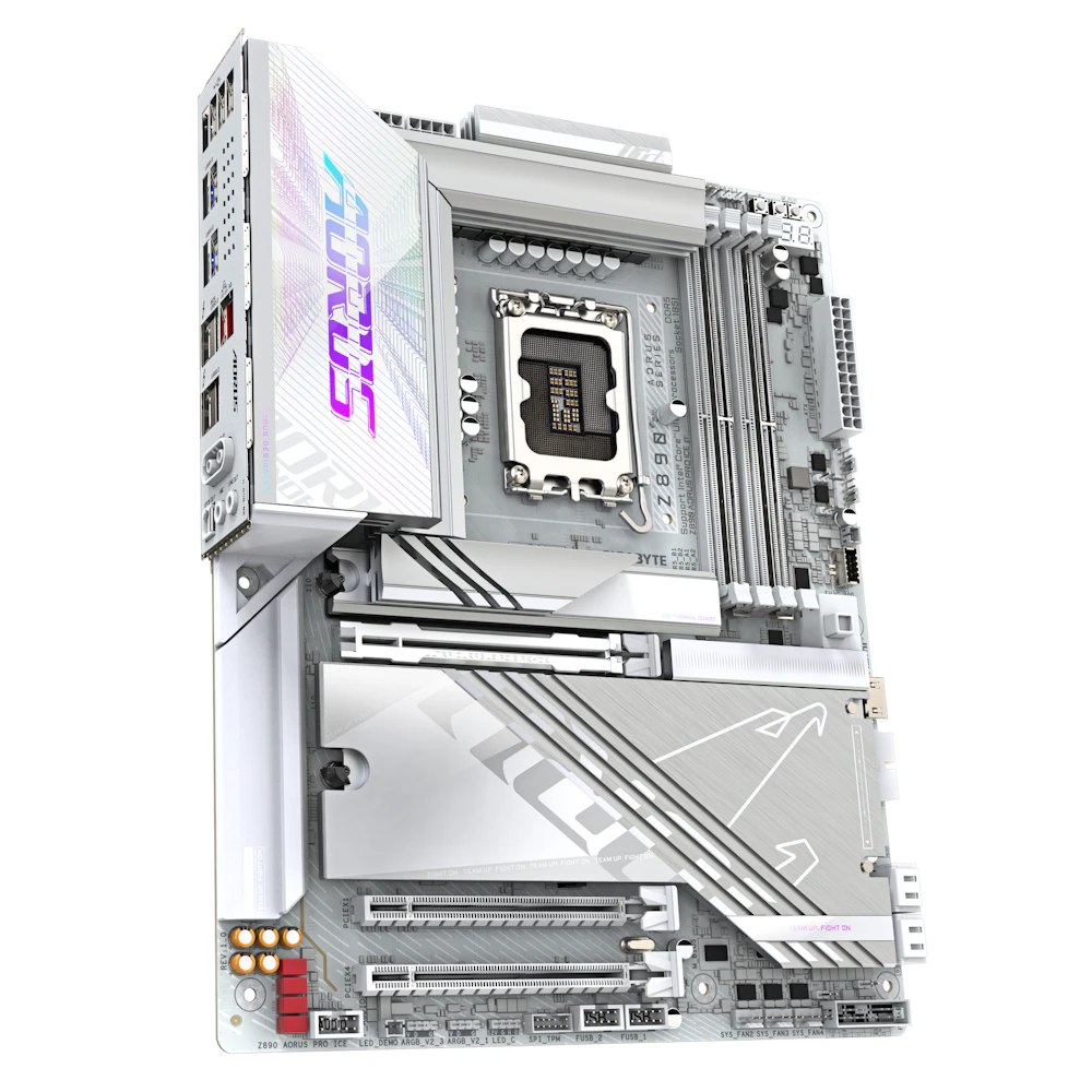 A large main feature product image of Gigabyte Z890 AORUS PRO ICE LGA1851 ATX Desktop Motherboard