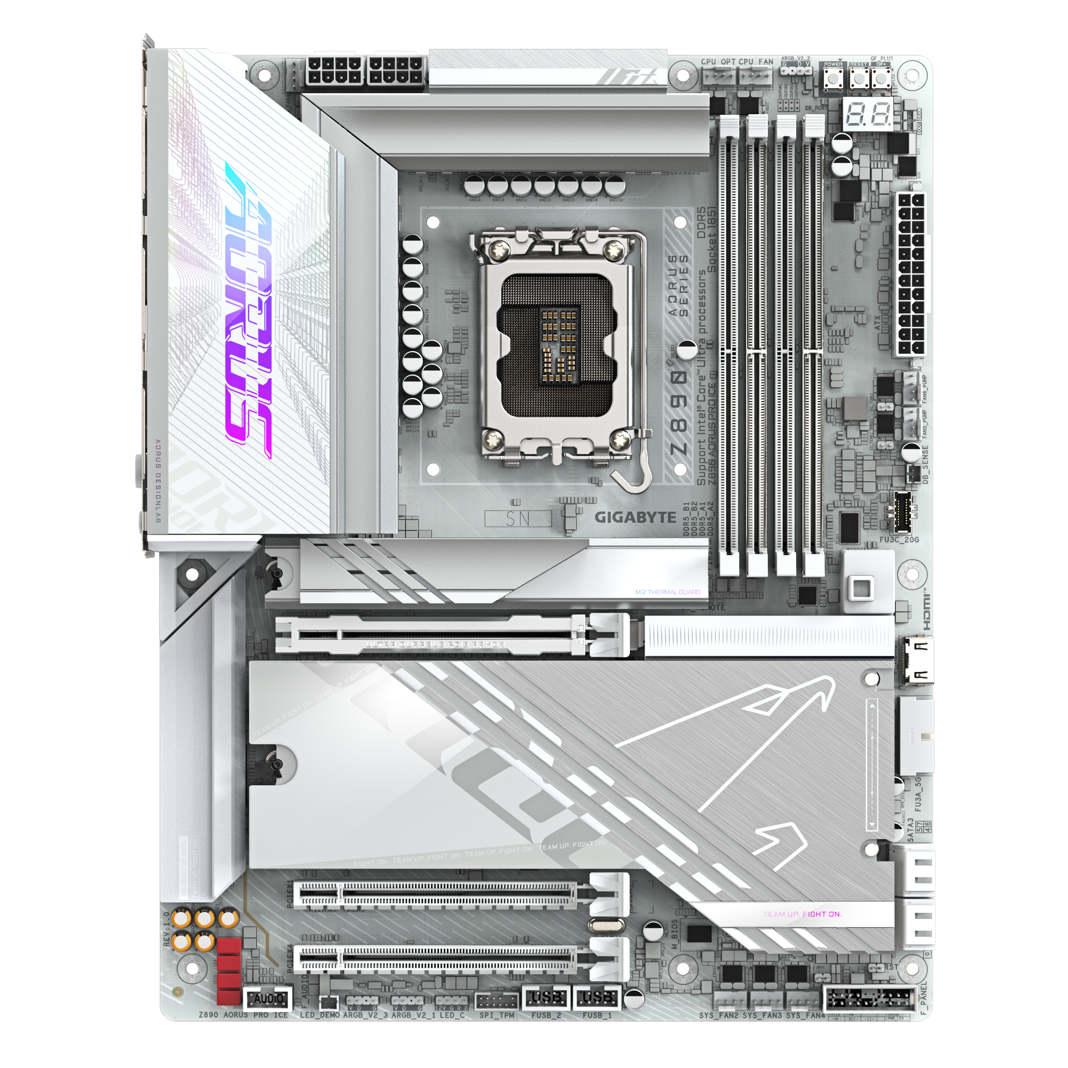 A large main feature product image of Gigabyte Z890 AORUS PRO ICE LGA1851 ATX Desktop Motherboard