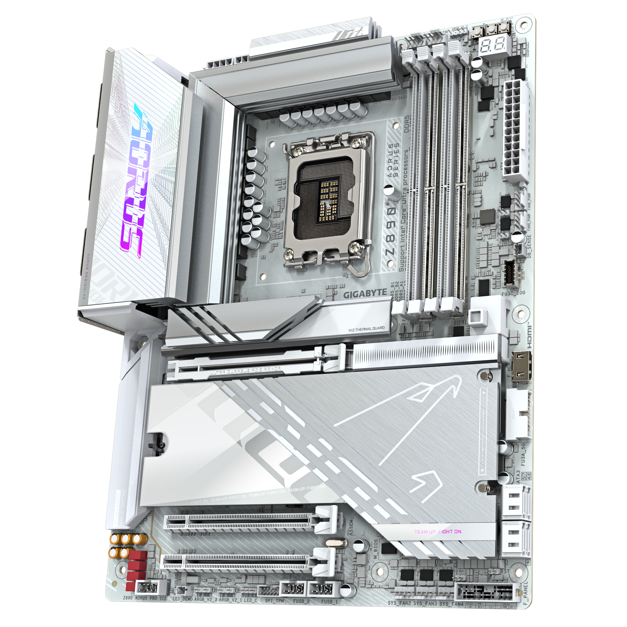 A large main feature product image of Gigabyte Z890 AORUS PRO ICE LGA1851 ATX Desktop Motherboard