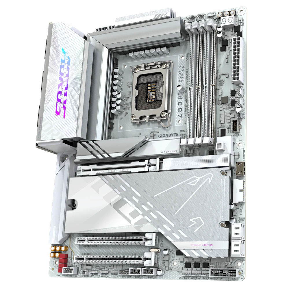 A large main feature product image of Gigabyte Z890 AORUS PRO ICE LGA1851 ATX Desktop Motherboard