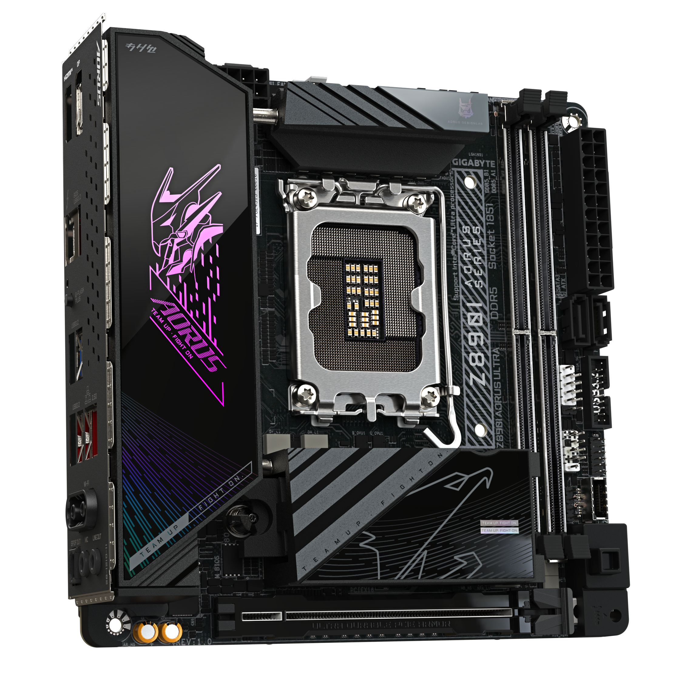 A large main feature product image of Gigabyte Z890I AORUS ULTRA LGA1851 Mini-ITX Desktop Motherboard