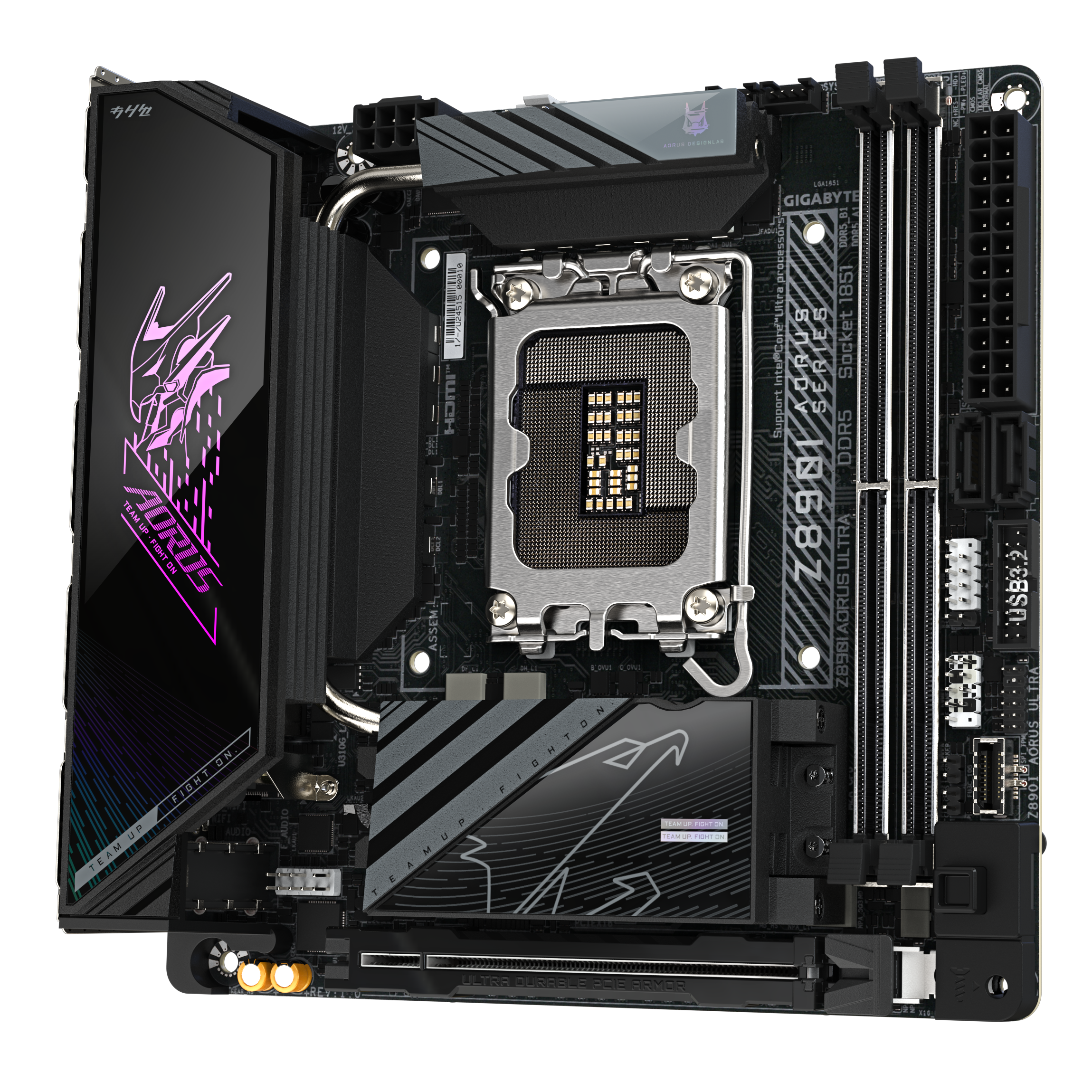 A large main feature product image of Gigabyte Z890I AORUS ULTRA LGA1851 Mini-ITX Desktop Motherboard