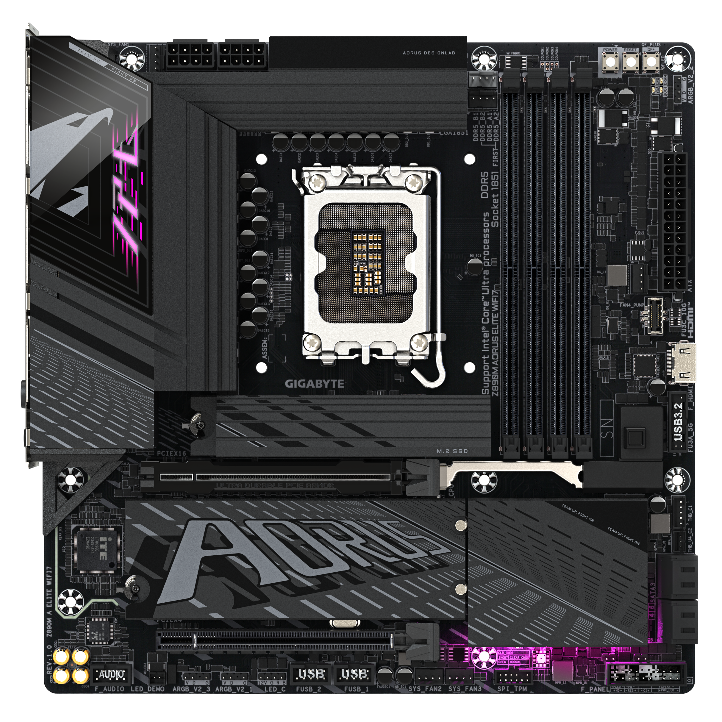 A large main feature product image of Gigabyte Z890M AORUS ELITE WIFI7 LGA1851 mATX Desktop Motherboard
