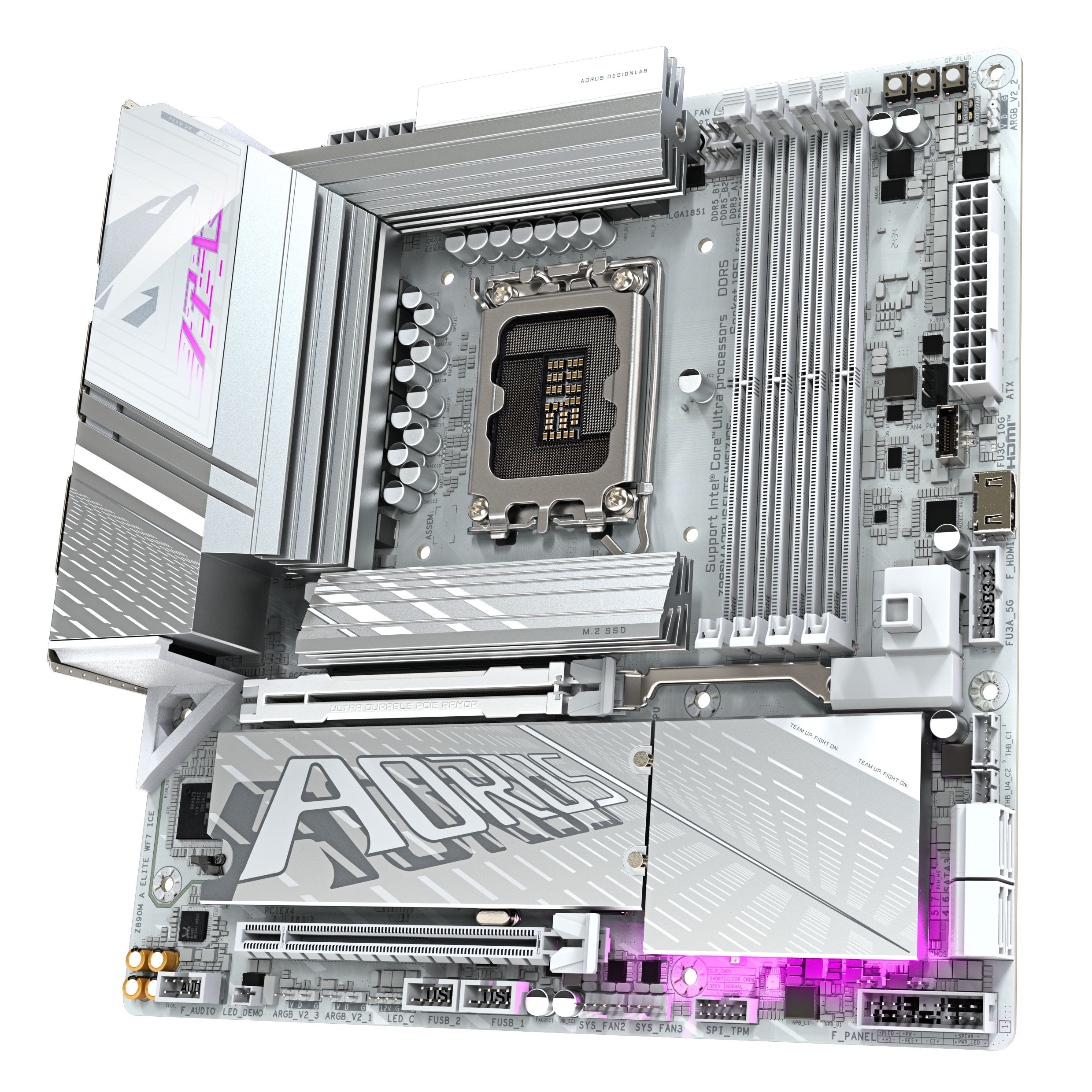 A large main feature product image of Gigabyte Z890M AORUS ELITE WIFI7 ICE LGA1851 mATX Desktop Motherboard