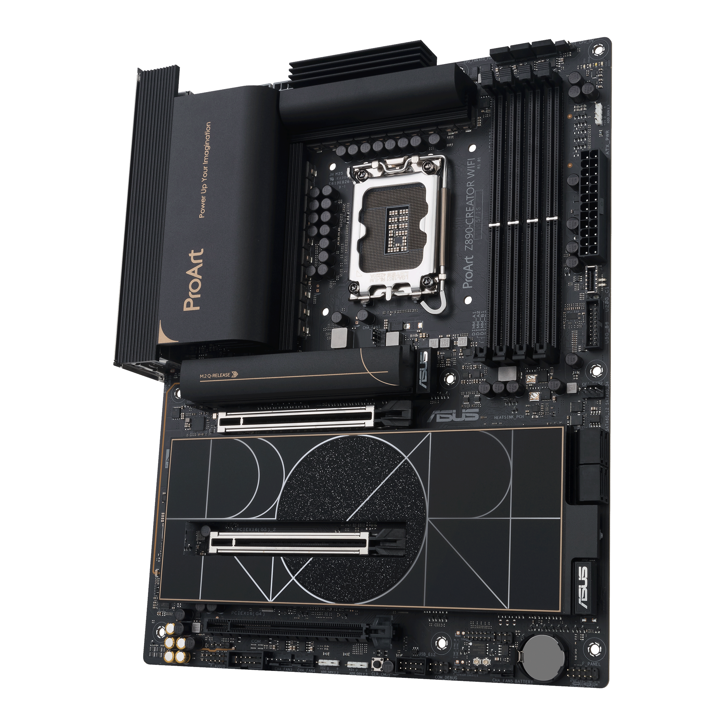 A large main feature product image of ASUS ProArt Z890 Creator WiFi LGA1851 ATX Desktop Motherboard