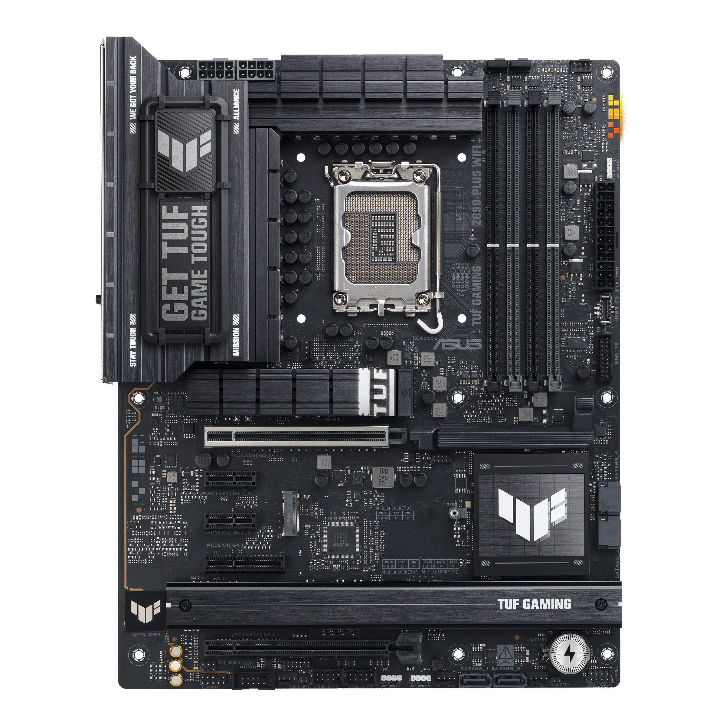 A large main feature product image of ASUS TUF Gaming Z890-PLUS WiFi LGA1851 ATX Desktop Motherboard