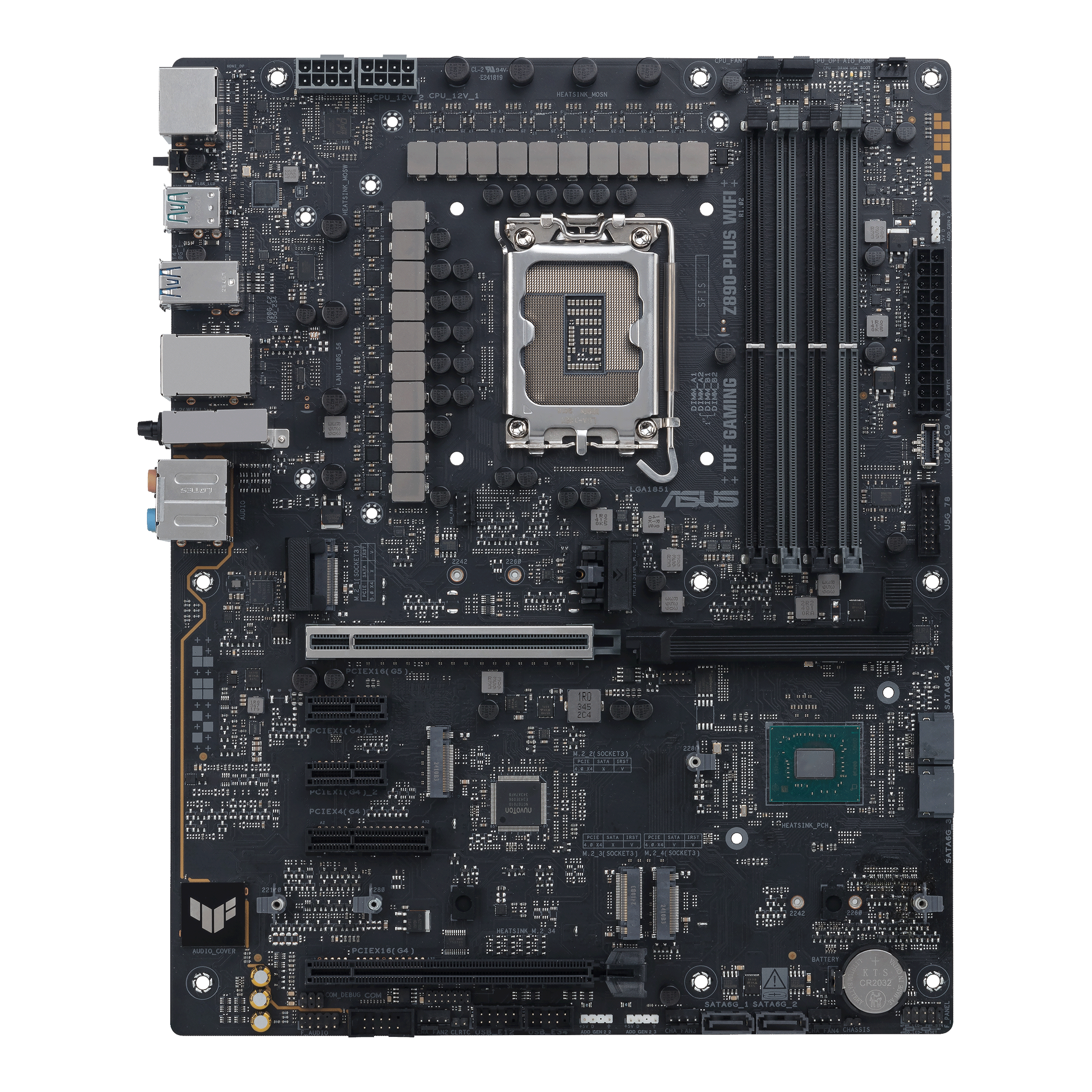 A large main feature product image of ASUS TUF Gaming Z890-PLUS WiFi LGA1851 ATX Desktop Motherboard