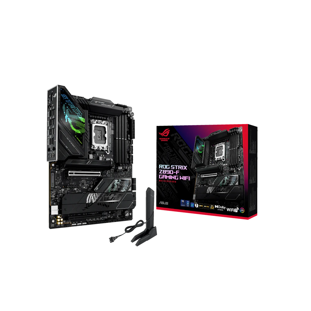 A large main feature product image of ASUS ROG Strix Z890-F Gaming WiFi LGA1851 ATX Desktop Motherboard